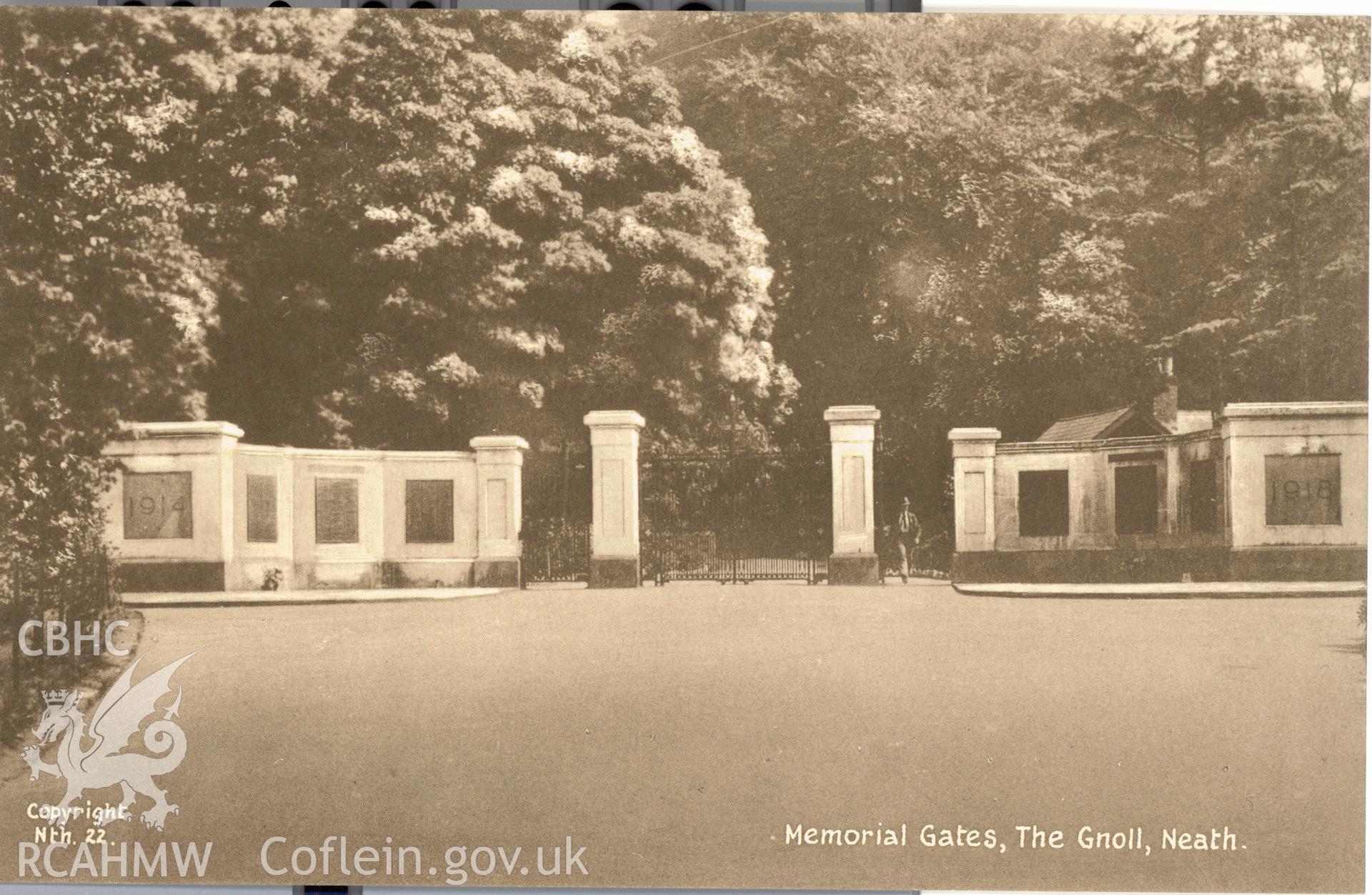 Digitised postcard image of Gnoll War Memorial gates, Lilywhite (1932) Ltd. Produced by Parks and Gardens Data Services, from an original item in the Peter Davis Collection at Parks and Gardens UK. We hold only web-resolution images of this collection, suitable for viewing on screen and for research purposes only. We do not hold the original images, or publication quality scans.