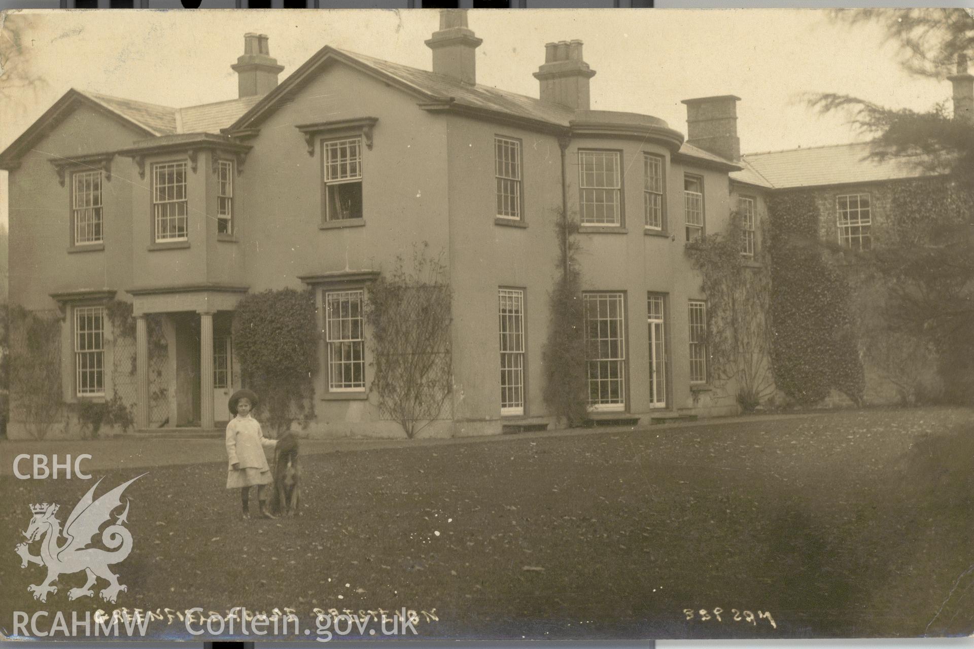 Digitised postcard image of Greenfield  House, Presteigne, BBP. Produced by Parks and Gardens Data Services, from an original item in the Peter Davis Collection at Parks and Gardens UK. We hold only web-resolution images of this collection, suitable for viewing on screen and for research purposes only. We do not hold the original images, or publication quality scans.