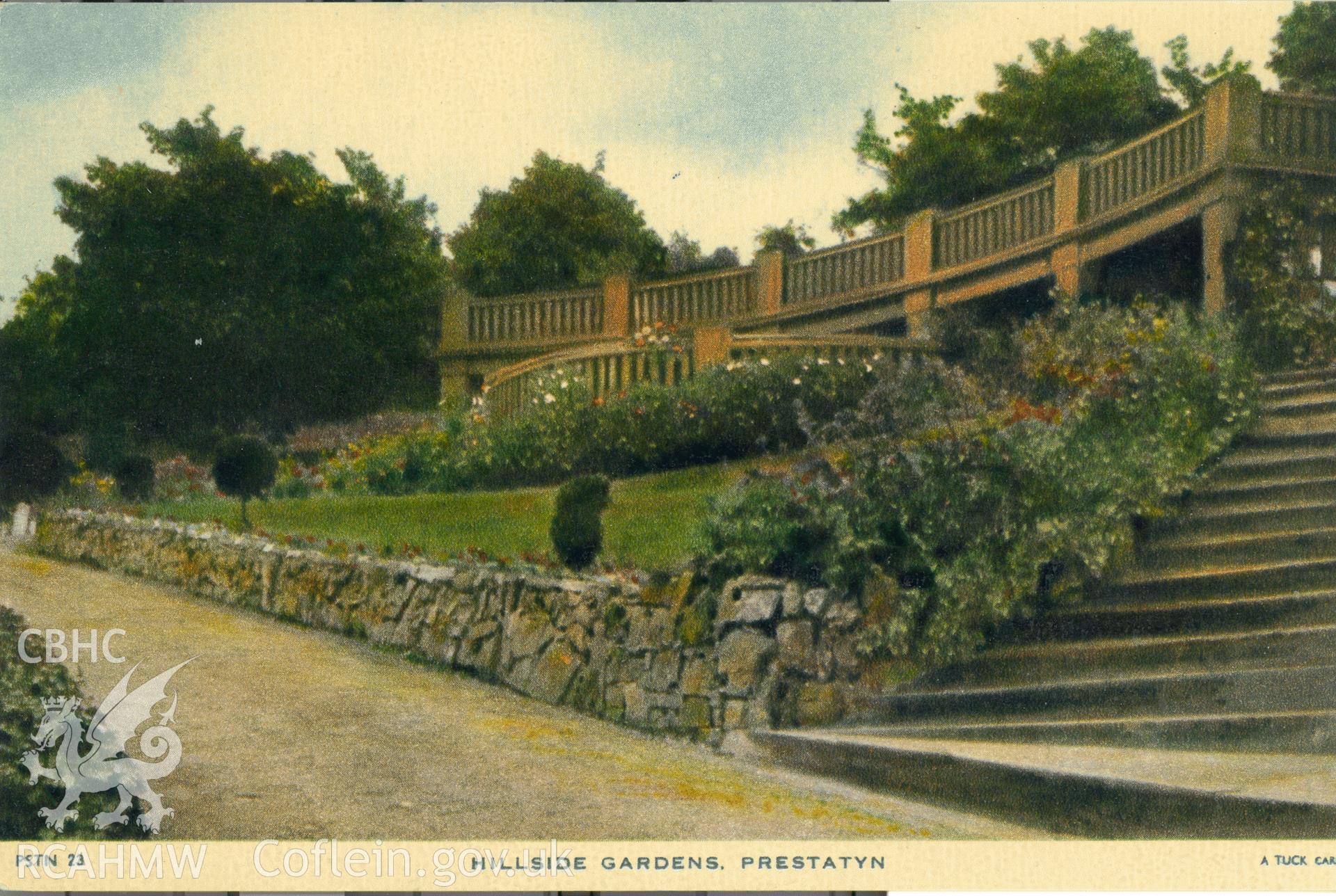 Digitised postcard image of Hillside Gardens Shelter, Prestatyn, Raphael Tuck and Sons Ltd. Produced by Parks and Gardens Data Services, from an original item in the Peter Davis Collection at Parks and Gardens UK. We hold only web-resolution images of this collection, suitable for viewing on screen and for research purposes only. We do not hold the original images, or publication quality scans.