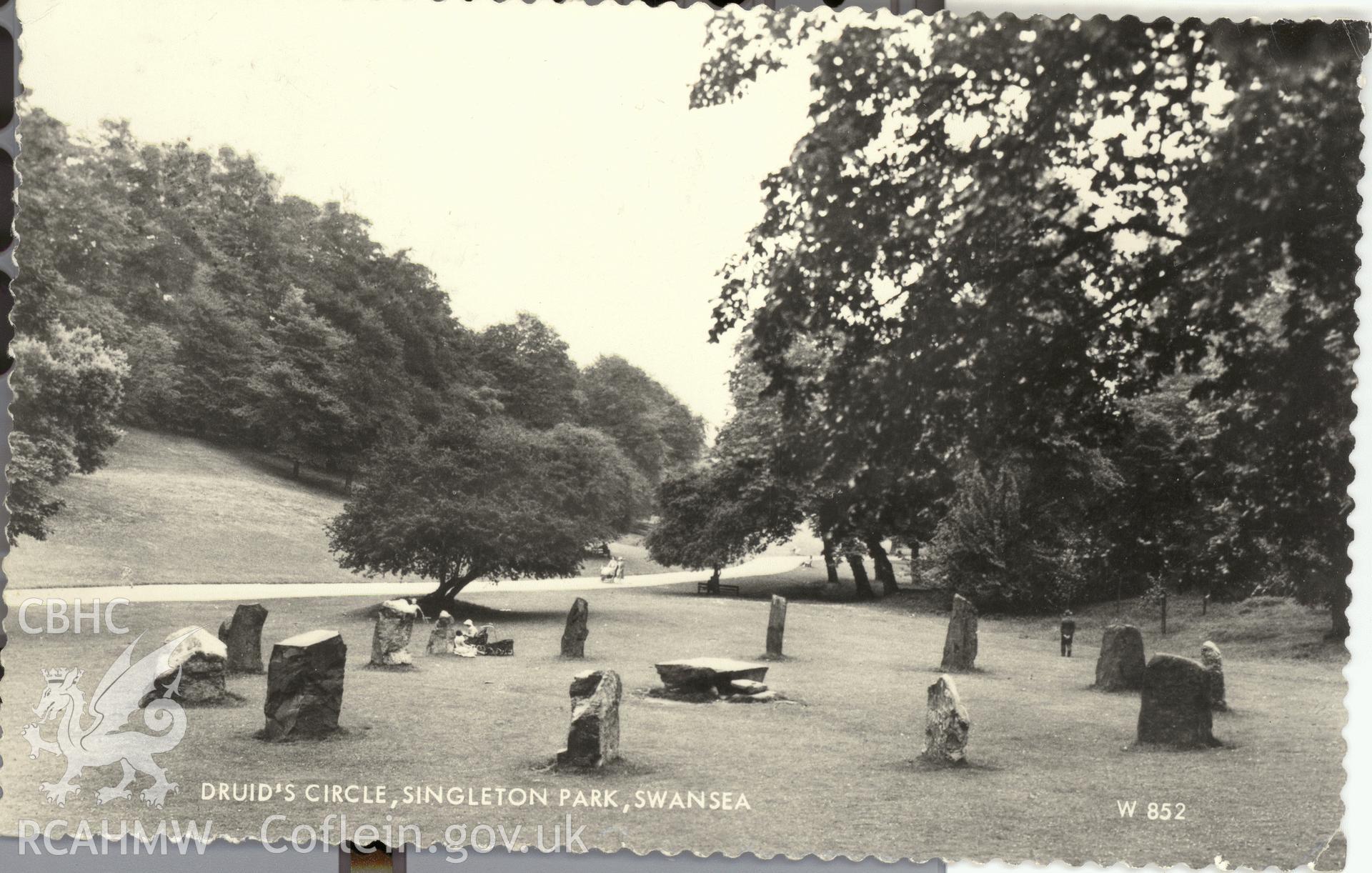 Digitised postcard image of the Druids Circle at Singleton Park, Swansea, Valentine and Sons, Ltd. Produced by Parks and Gardens Data Services, from an original item in the Peter Davis Collection at Parks and Gardens UK. We hold only web-resolution images of this collection, suitable for viewing on screen and for research purposes only. We do not hold the original images, or publication quality scans.