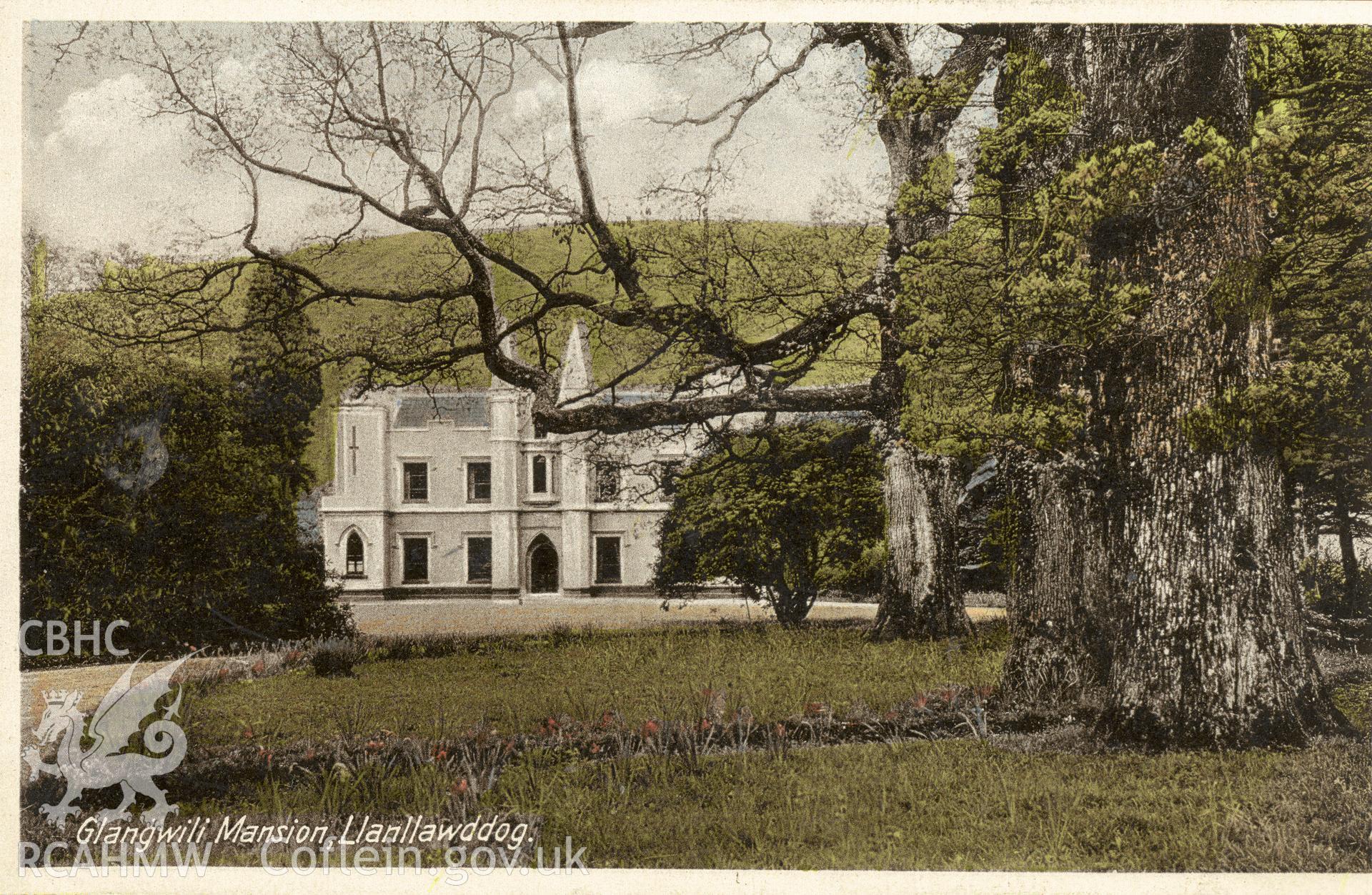 Digitised postcard image of Glangwili Mansion, Llanllawddog, The R.A.P Co. Ltd. Produced by Parks and Gardens Data Services, from an original item in the Peter Davis Collection at Parks and Gardens UK. We hold only web-resolution images of this collection, suitable for viewing on screen and for research purposes only. We do not hold the original images, or publication quality scans.