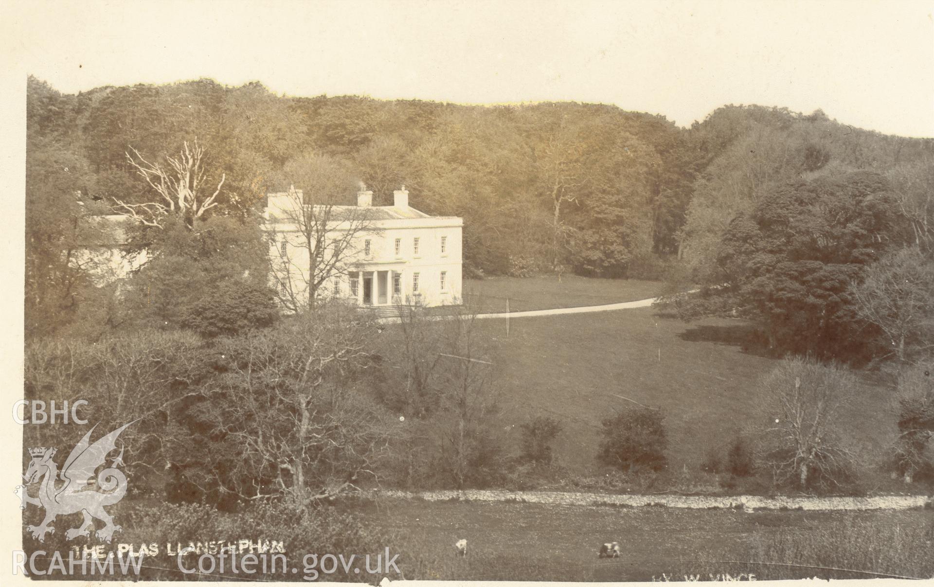 Digitised postcard image of The Plas, Llansteffan. Produced by Parks and Gardens Data Services, from an original item in the Peter Davis Collection at Parks and Gardens UK. We hold only web-resolution images of this collection, suitable for viewing on screen and for research purposes only. We do not hold the original images, or publication quality scans.