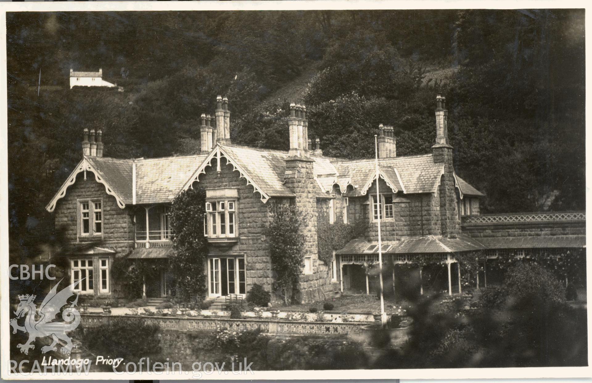 Digitised postcard image of the Priory, Llandogo. Produced by Parks and Gardens Data Services, from an original item in the Peter Davis Collection at Parks and Gardens UK. We hold only web-resolution images of this collection, suitable for viewing on screen and for research purposes only. We do not hold the original images, or publication quality scans.