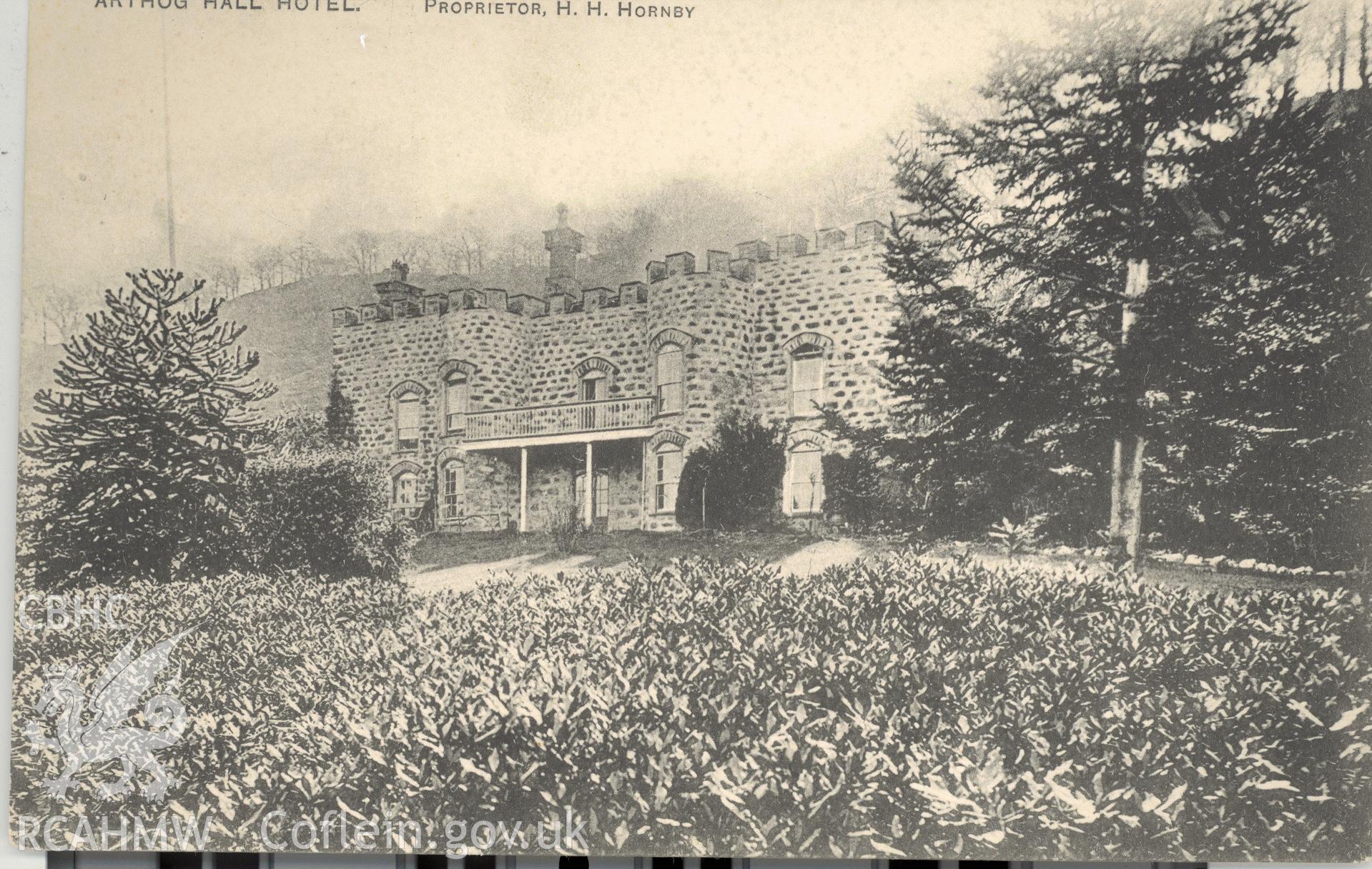 Digitised postcard image of Arthog Hall Hotel, Arthog. Produced by Parks and Gardens Data Services, from an original item in the Peter Davis Collection at Parks and Gardens UK. We hold only web-resolution images of this collection, suitable for viewing on screen and for research purposes only. We do not hold the original images, or publication quality scans.