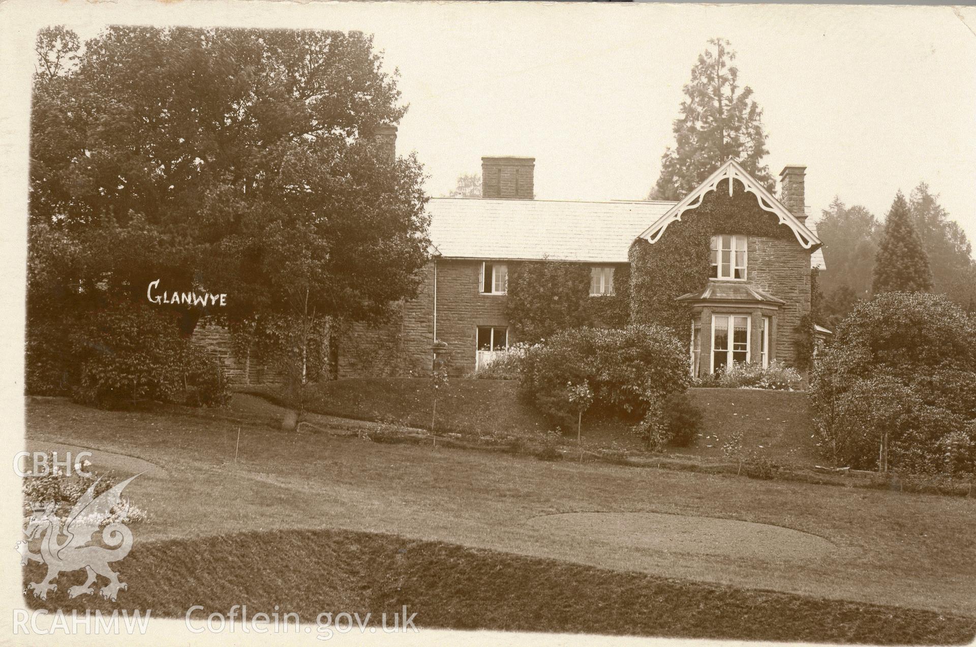 Digitised postcard image of Glanwye House, P.B. Abery, West End Studios, Builth Wells. Produced by Parks and Gardens Data Services, from an original item in the Peter Davis Collection at Parks and Gardens UK. We hold only web-resolution images of this collection, suitable for viewing on screen and for research purposes only. We do not hold the original images, or publication quality scans.