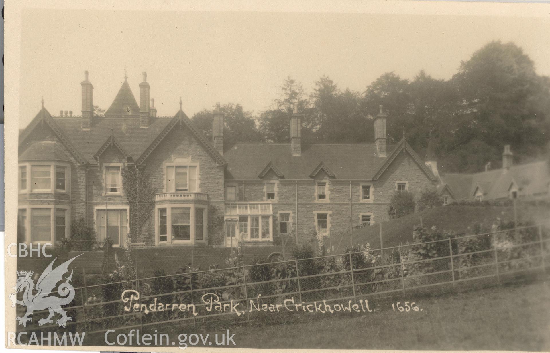 Digitised postcard image of Pendarren, Llangenny. Produced by Parks and Gardens Data Services, from an original item in the Peter Davis Collection at Parks and Gardens UK. We hold only web-resolution images of this collection, suitable for viewing on screen and for research purposes only. We do not hold the original images, or publication quality scans.