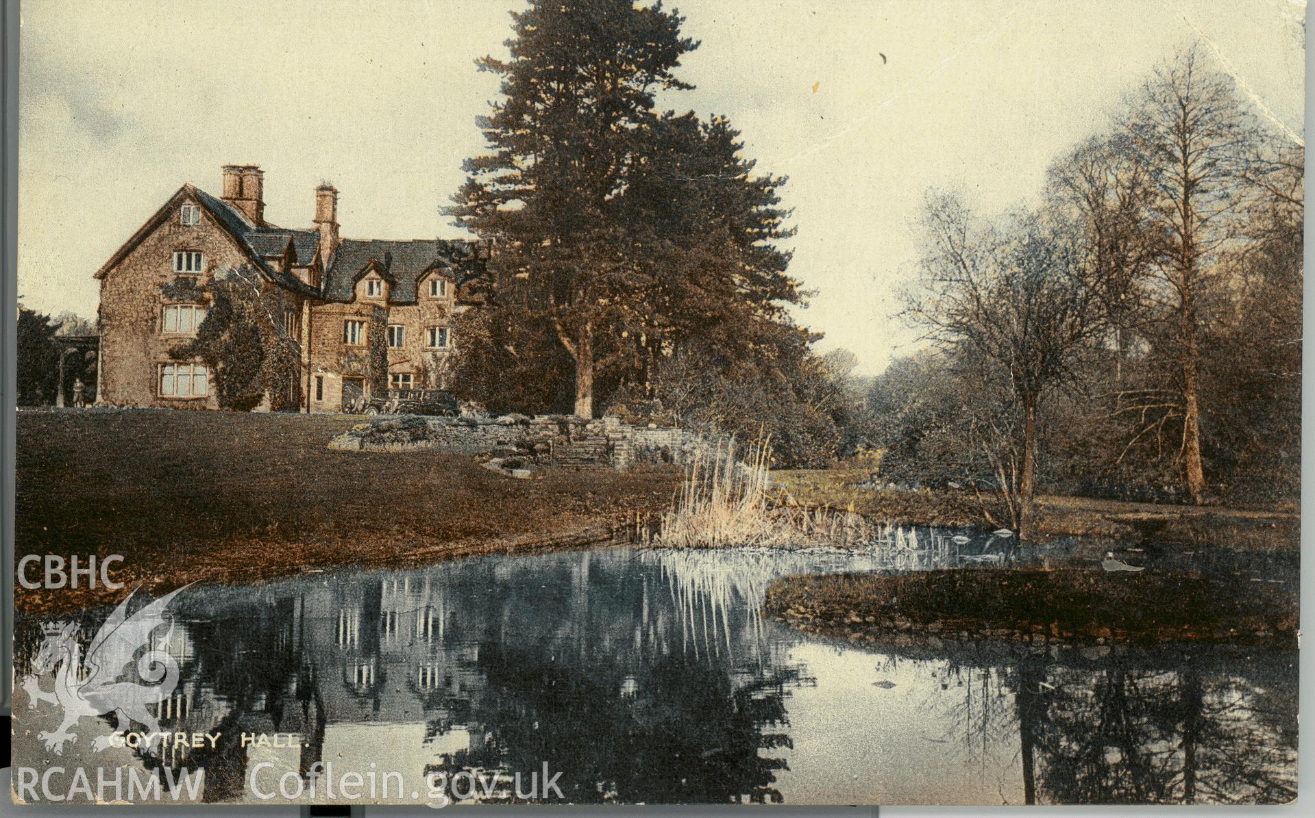 Digitised postcard image of Goetre Hall, Monmouthshire, the R.A.P. Co. Ltd. Produced by Parks and Gardens Data Services, from an original item in the Peter Davis Collection at Parks and Gardens UK. We hold only web-resolution images of this collection, suitable for viewing on screen and for research purposes only. We do not hold the original images, or publication quality scans.