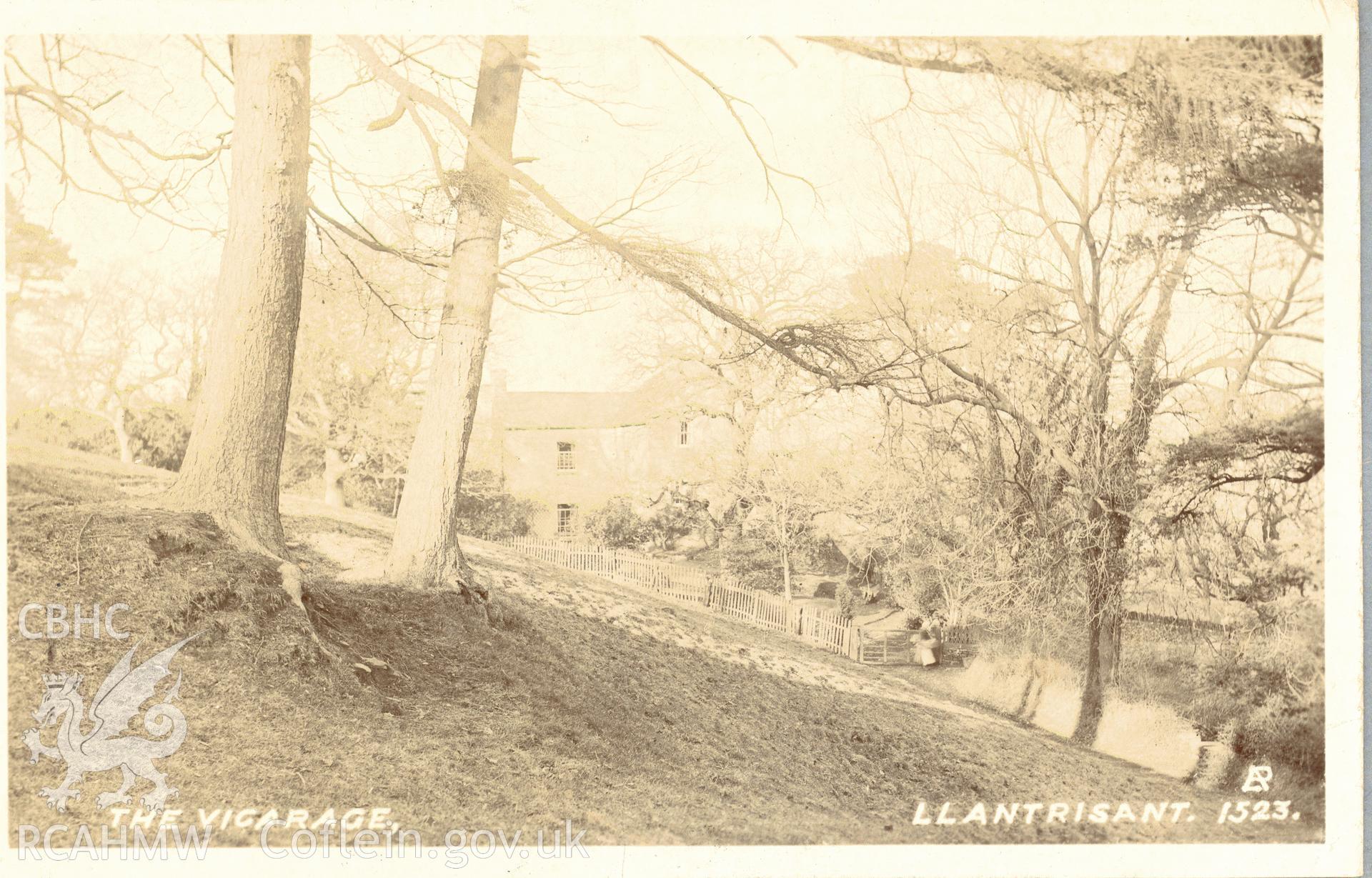 Digitised postcard image of The Vicarage, Llantrisant, LR 1523. Produced by Parks and Gardens Data Services, from an original item in the Peter Davis Collection at Parks and Gardens UK. We hold only web-resolution images of this collection, suitable for viewing on screen and for research purposes only. We do not hold the original images, or publication quality scans.