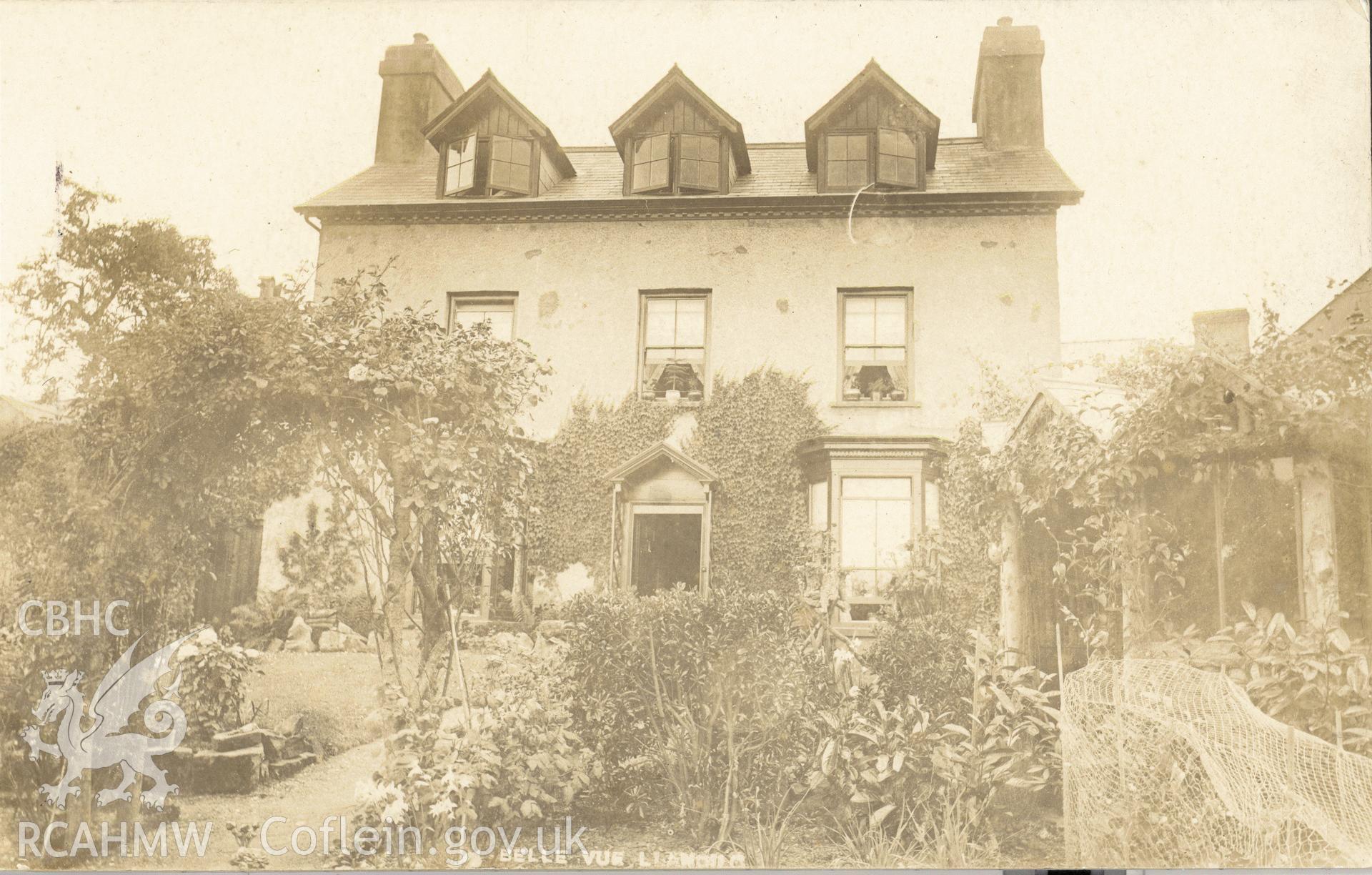 Belle Vue Llandre. Digitised postcard image of an unlocated site. Produced by Parks and Gardens Data Services, from an original item in the Peter Davis Collection at Parks and Gardens UK. We hold only web-resolution images of this collection, suitable for viewing on screen and for research purposes only. We do not hold the original images, or publication quality scans.