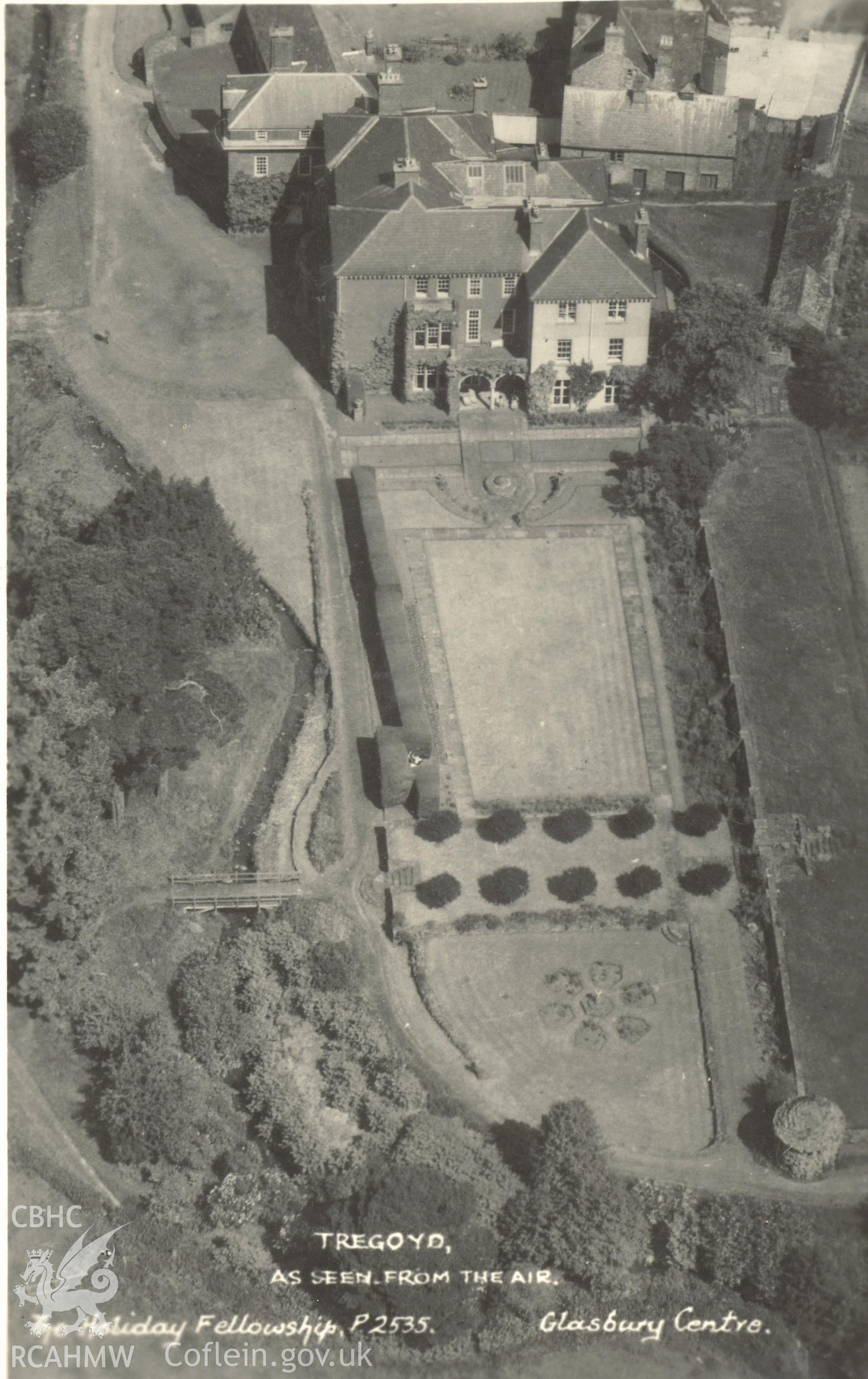 Digitised postcard image of aerial view of Tregoyd Hall, Gwernyfed, E.A. Sweetman & Son, Ltd.,Tunbridge Wells. Produced by Parks and Gardens Data Services, from an original item in the Peter Davis Collection at Parks and Gardens UK. We hold only web-resolution images of this collection, suitable for viewing on screen and for research purposes only. We do not hold the original images, or publication quality scans.