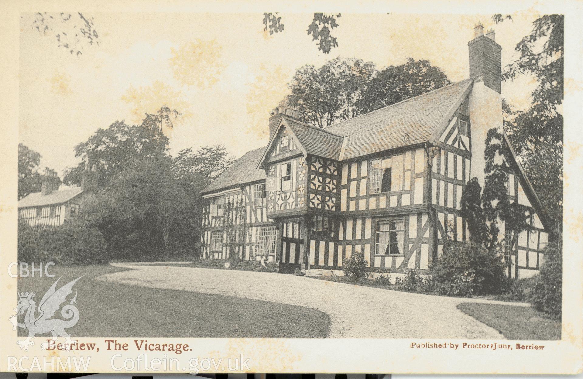 Digitised postcard image of the Old Vicarage, Berriew, Proctor Junr., Berriew. Produced by Parks and Gardens Data Services, from an original item in the Peter Davis Collection at Parks and Gardens UK. We hold only web-resolution images of this collection, suitable for viewing on screen and for research purposes only. We do not hold the original images, or publication quality scans.