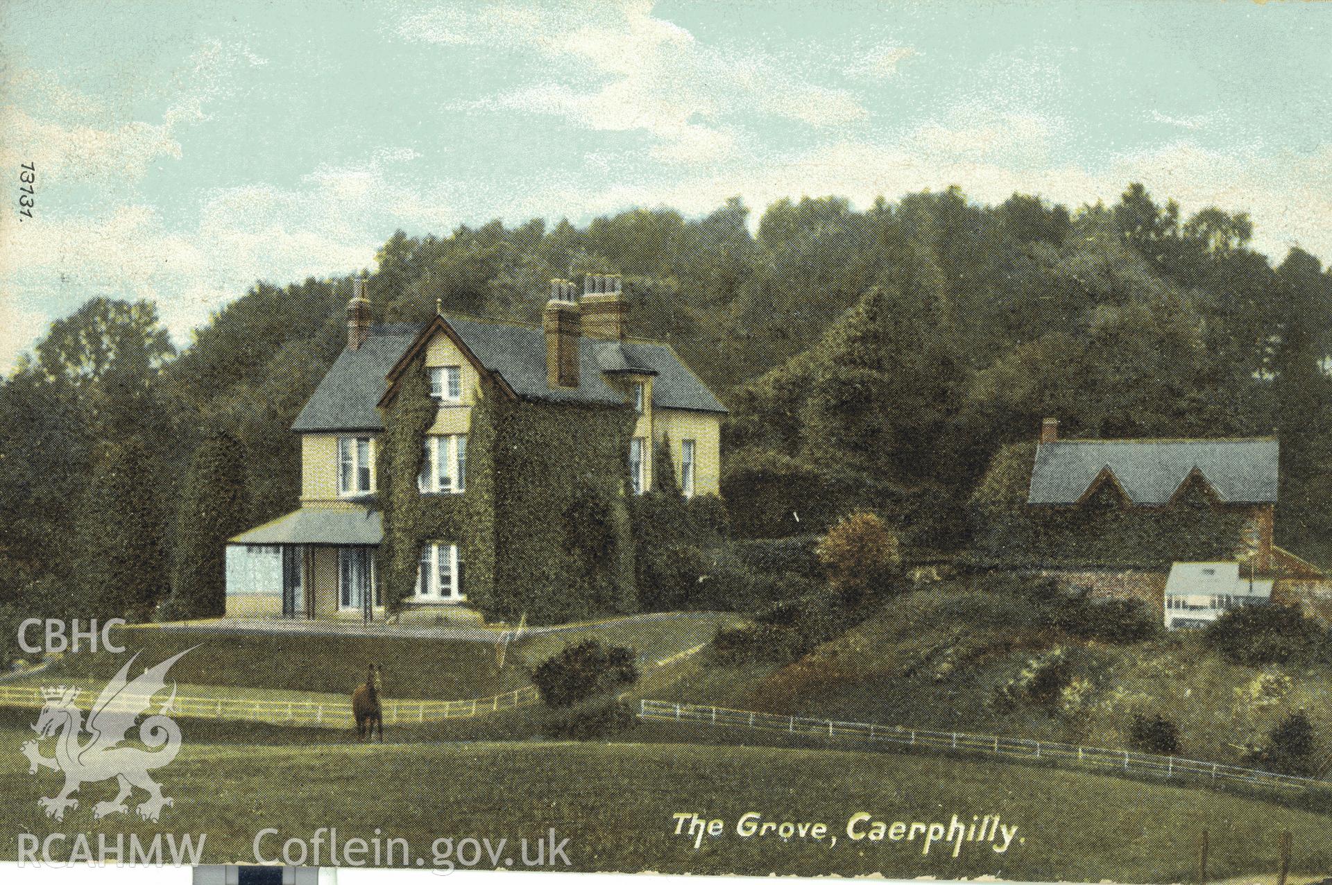 Digitised postcard image of The Grove, Caerphilly, The Wrench Series. Produced by Parks and Gardens Data Services, from an original item in the Peter Davis Collection at Parks and Gardens UK. We hold only web-resolution images of this collection, suitable for viewing on screen and for research purposes only. We do not hold the original images, or publication quality scans.