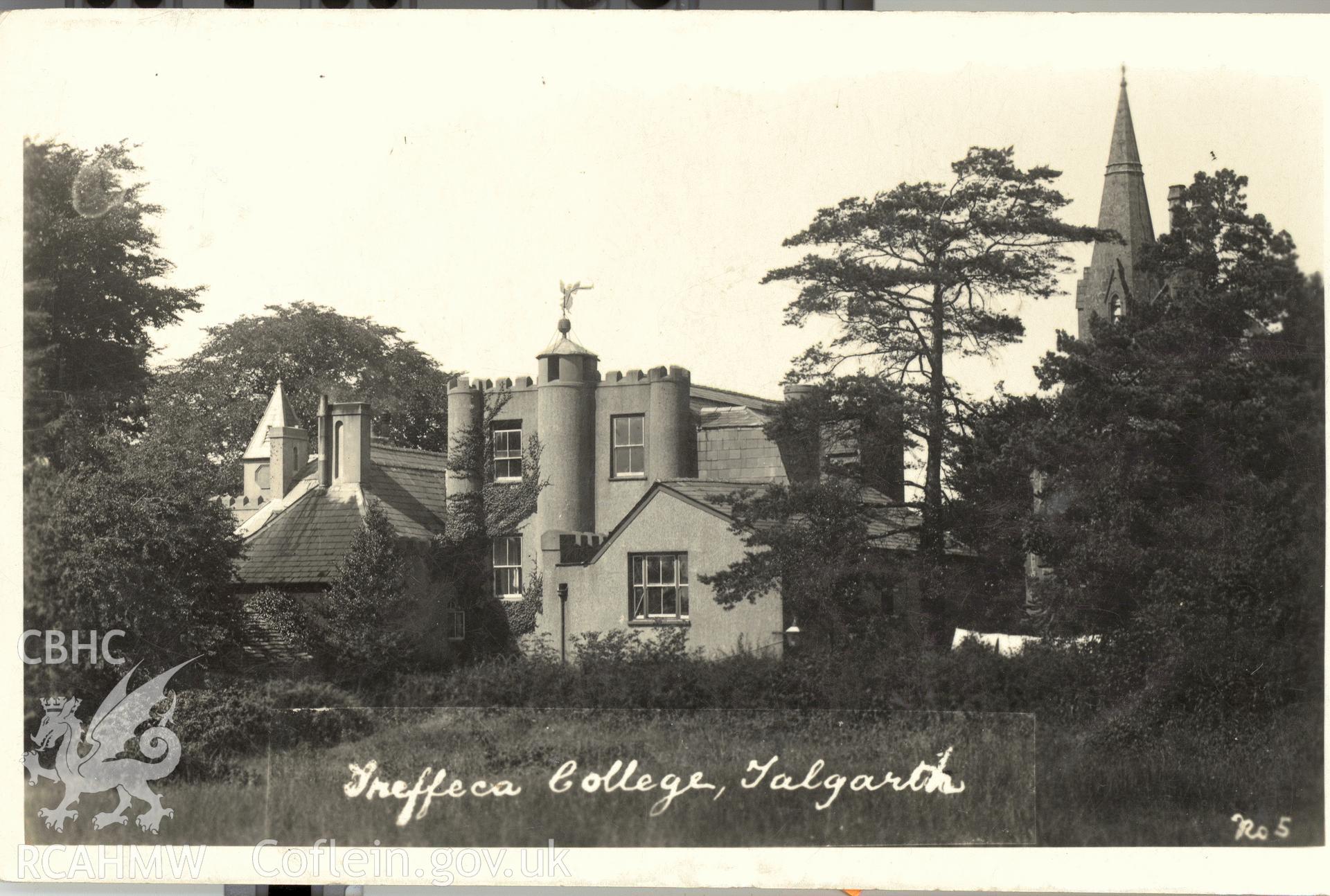 Digitised postcard image of Trefecca College, Talgarth, P.B. Abery, West End Studios, Builth Wells. Produced by Parks and Gardens Data Services, from an original item in the Peter Davis Collection at Parks and Gardens UK. We hold only web-resolution images of this collection, suitable for viewing on screen and for research purposes only. We do not hold the original images, or publication quality scans.