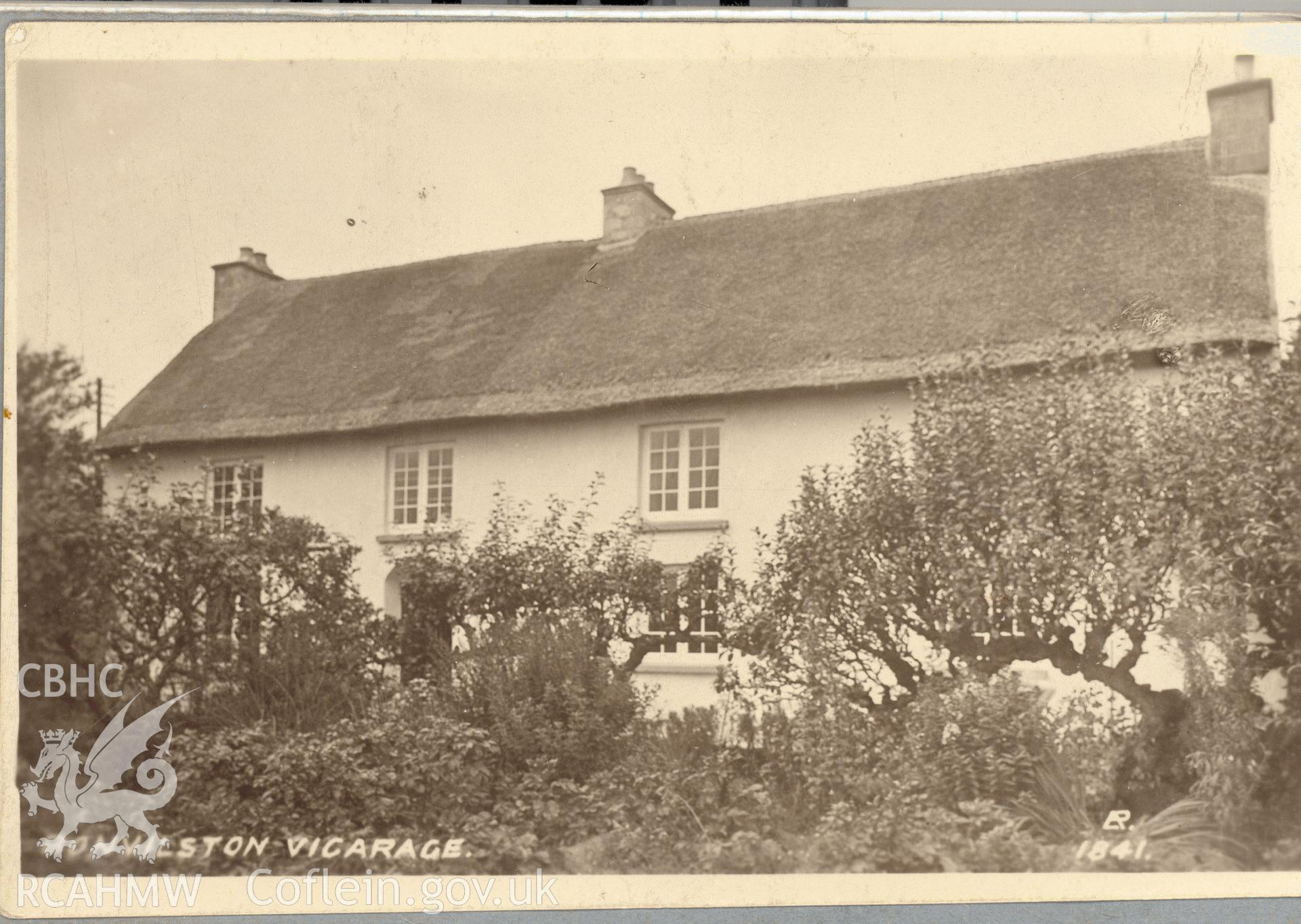 Digitised postcard image of Bonvilston Vicarage. Produced by Parks and Gardens Data Services, from an original item in the Peter Davis Collection at Parks and Gardens UK. We hold only web-resolution images of this collection, suitable for viewing on screen and for research purposes only. We do not hold the original images, or publication quality scans.