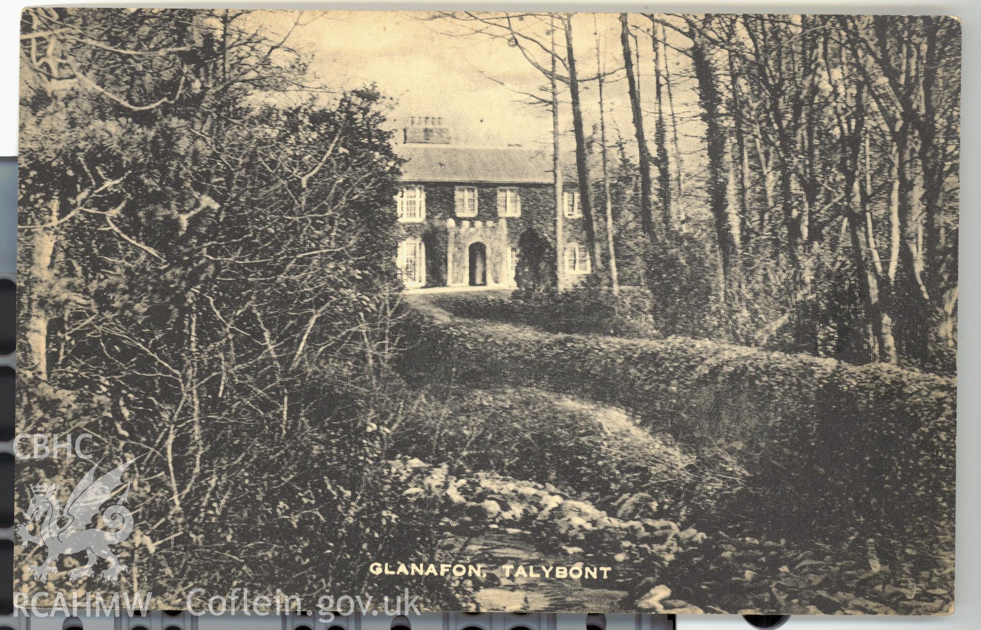 Digitised postcard image of Glanafon, Talybont. Produced by Parks and Gardens Data Services, from an original item in the Peter Davis Collection at Parks and Gardens UK. We hold only web-resolution images of this collection, suitable for viewing on screen and for research purposes only. We do not hold the original images, or publication quality scans.