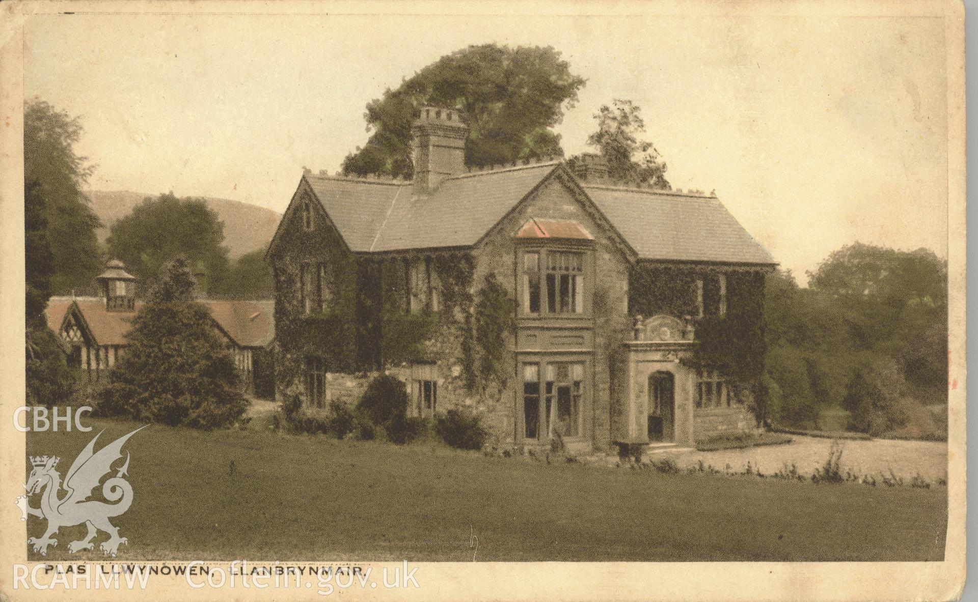 Digitised postcard image of Plas Llwynowen, Llanbrynmair, J.H. Williams, Post office, Llanbrynmair. Produced by Parks and Gardens Data Services, from an original item in the Peter Davis Collection at Parks and Gardens UK. We hold only web-resolution images of this collection, suitable for viewing on screen and for research purposes only. We do not hold the original images, or publication quality scans.