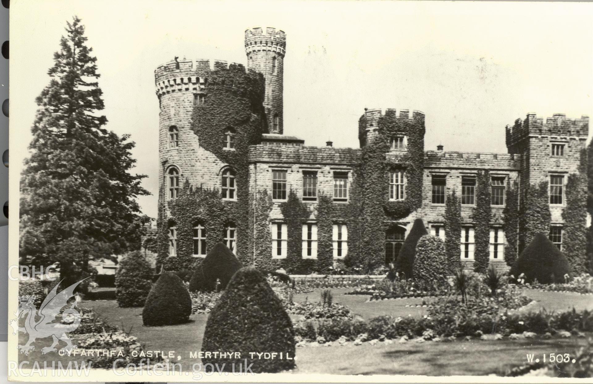 Digitised postcard image of Cyfarthfa Castle, Merthyr Tydfil, Valentine and Sons Ltd. Produced by Parks and Gardens Data Services, from an original item in the Peter Davis Collection at Parks and Gardens UK. We hold only web-resolution images of this collection, suitable for viewing on screen and for research purposes only. We do not hold the original images, or publication quality scans.