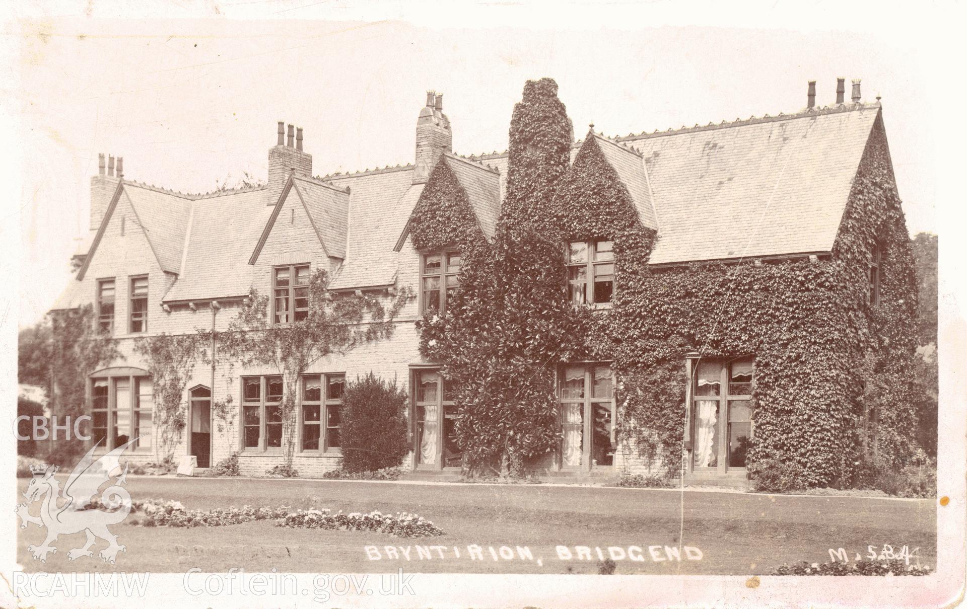 Digitised postcard image of Bryntirion, Laleston. Produced by Parks and Gardens Data Services, from an original item in the Peter Davis Collection at Parks and Gardens UK. We hold only web-resolution images of this collection, suitable for viewing on screen and for research purposes only. We do not hold the original images, or publication quality scans.