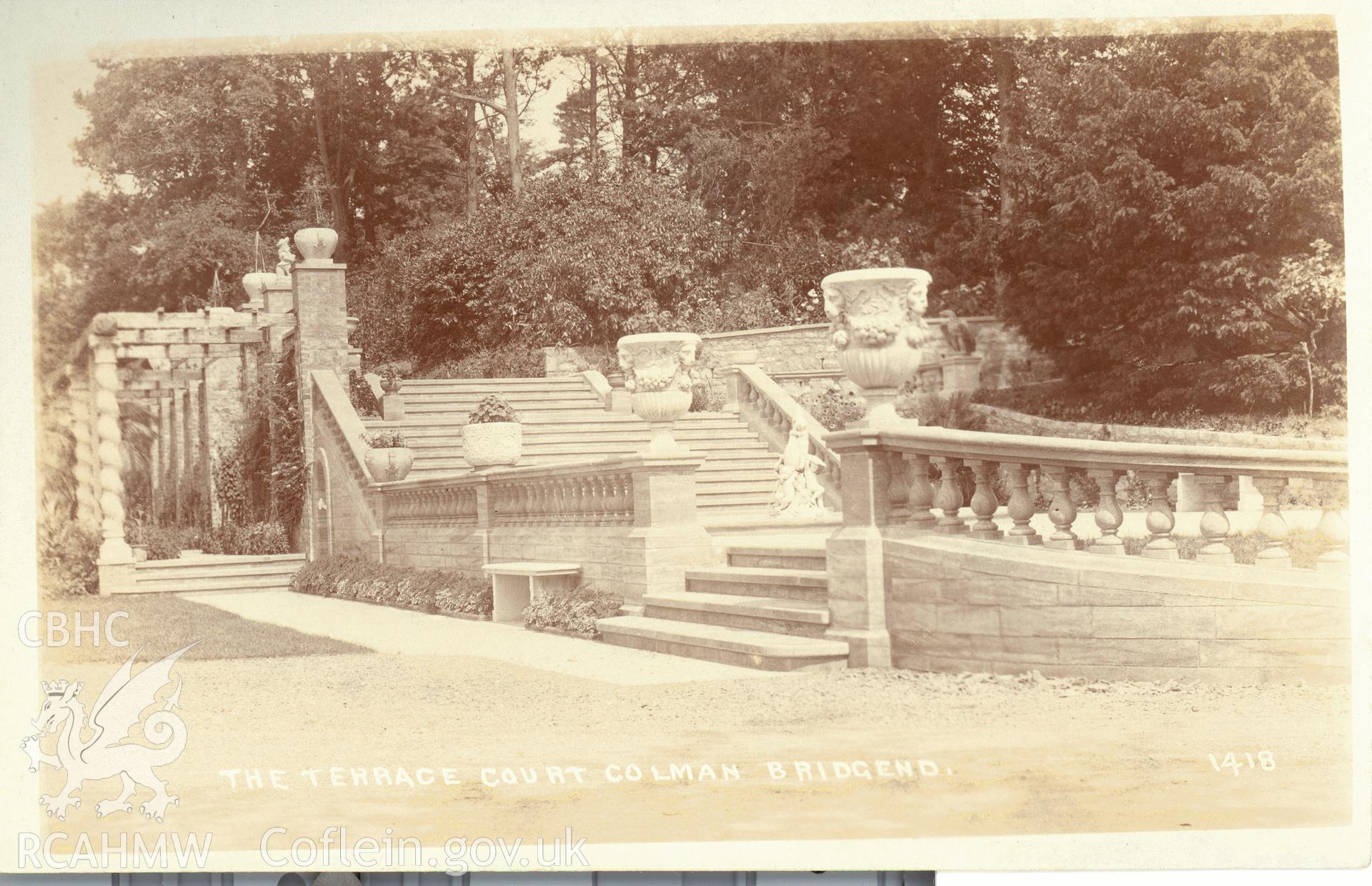 Digitised postcard image of the Terrace, Court Colman, Bridgend, the Miles Series, Ewenny Road Studio, Bridgend. Produced by Parks and Gardens Data Services, from an original item in the Peter Davis Collection at Parks and Gardens UK. We hold only web-resolution images of this collection, suitable for viewing on screen and for research purposes only. We do not hold the original images, or publication quality scans.