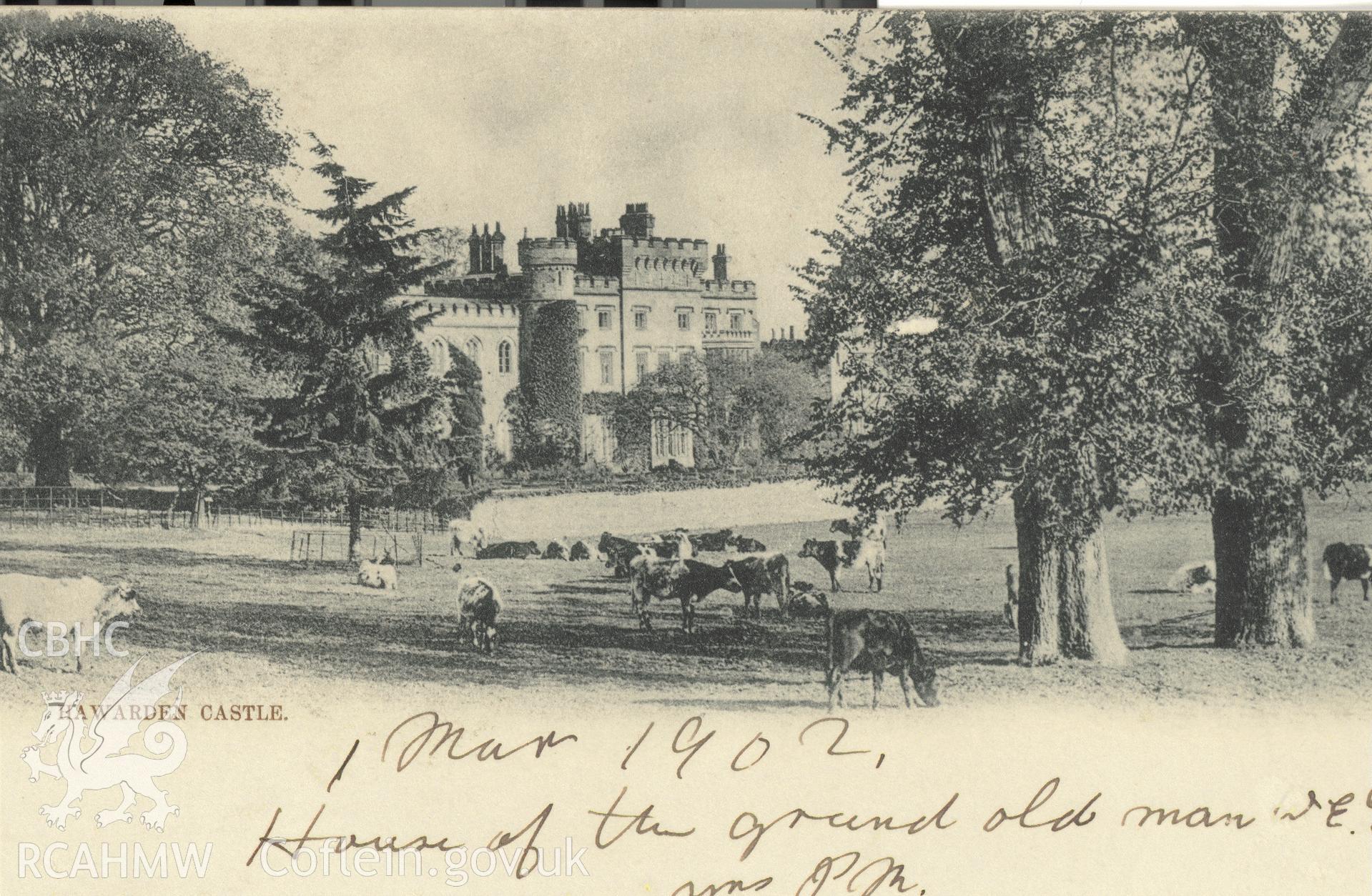 Digitised postcard image of Hawarden Castle, Raphael Tuck and Sons Ltd. Produced by Parks and Gardens Data Services, from an original item in the Peter Davis Collection at Parks and Gardens UK. We hold only web-resolution images of this collection, suitable for viewing on screen and for research purposes only. We do not hold the original images, or publication quality scans.