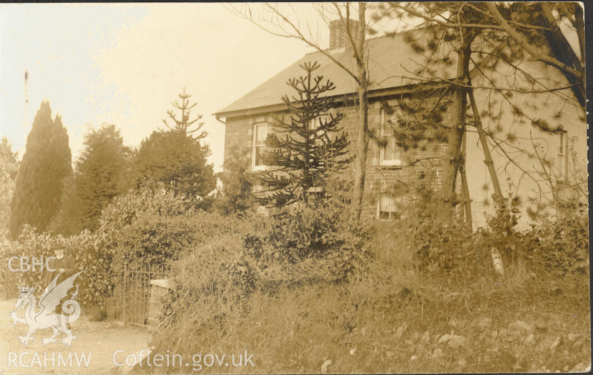 Digitised postcard image of The Rectory, Ciliau Aeron (with incumbent). Produced by Parks and Gardens Data Services, from an original item in the Peter Davis Collection at Parks and Gardens UK. We hold only web-resolution images of this collection, suitable for viewing on screen and for research purposes only. We do not hold the original images, or publication quality scans.