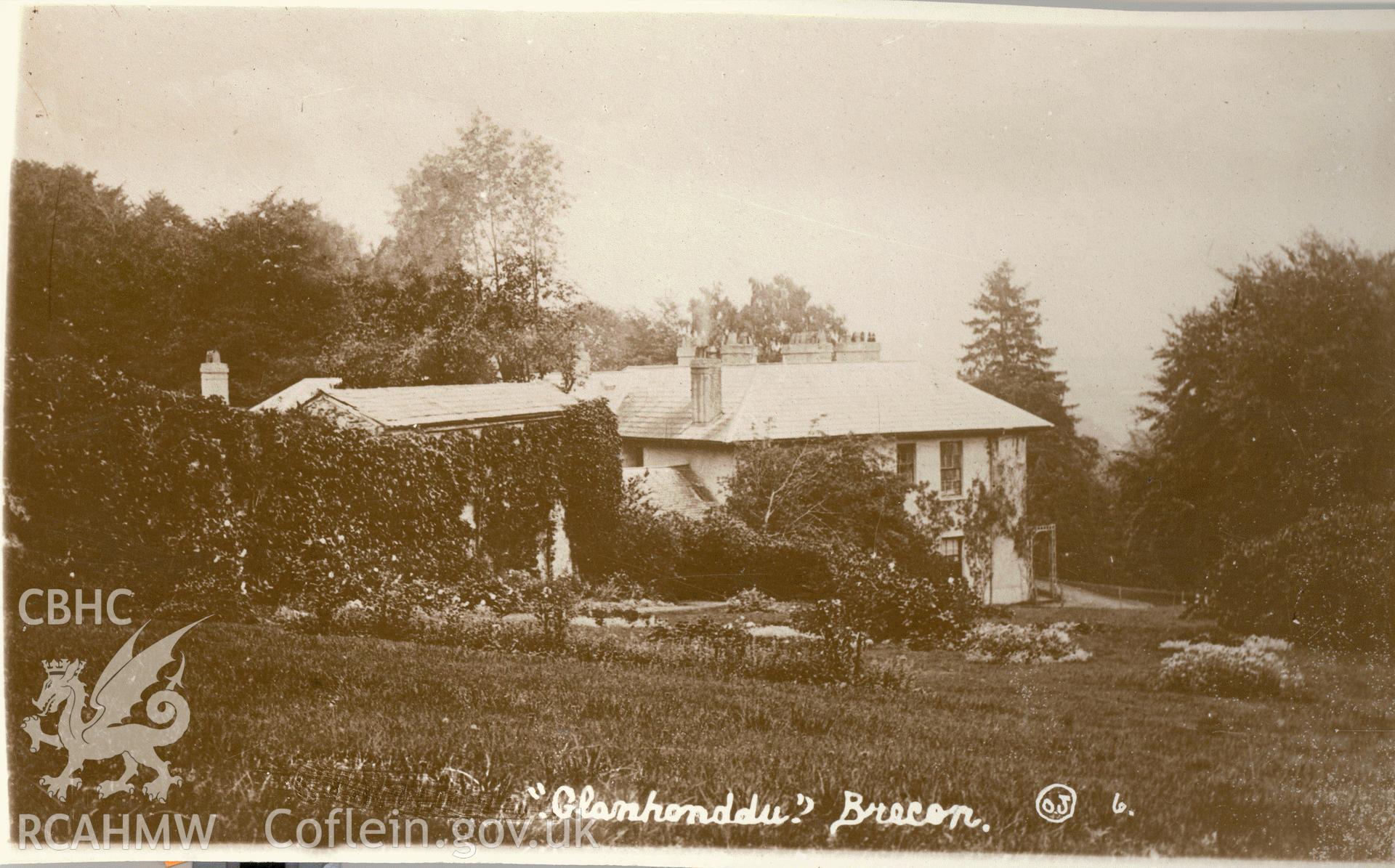 Digitised postcard image of Glanhonddu House, O. Jackson, Brecon. Produced by Parks and Gardens Data Services, from an original item in the Peter Davis Collection at Parks and Gardens UK. We hold only web-resolution images of this collection, suitable for viewing on screen and for research purposes only. We do not hold the original images, or publication quality scans.