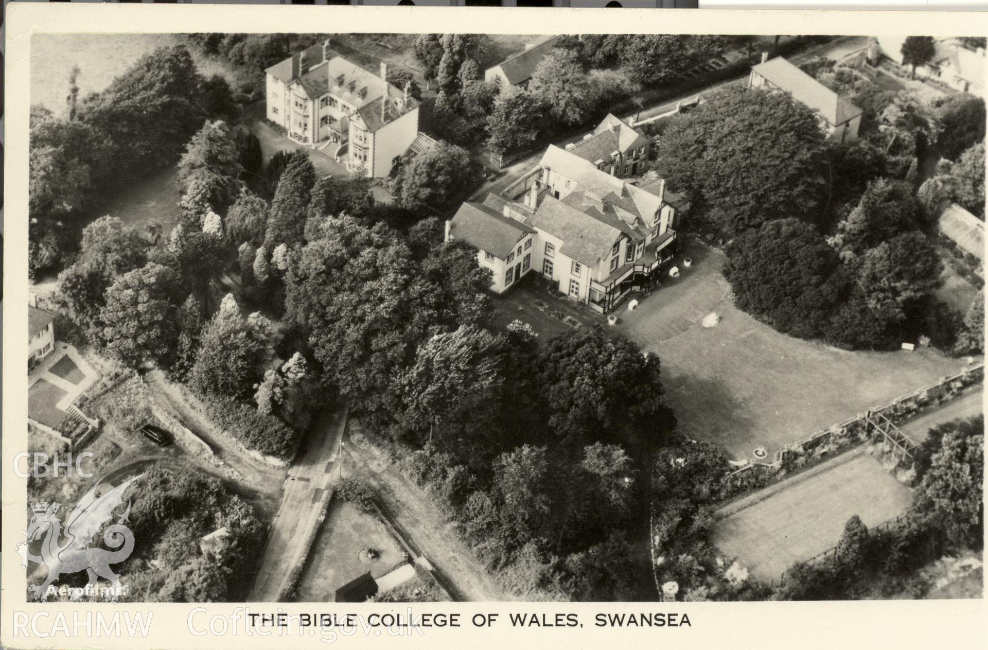 Digitised postcard image of aerial view of the Bible College of Wales, Swansea, Aerofilms and Aeropictorial Ltd. Produced by Parks and Gardens Data Services, from an original item in the Peter Davis Collection at Parks and Gardens UK. We hold only web-resolution images of this collection, suitable for viewing on screen and for research purposes only. We do not hold the original images, or publication quality scans.
