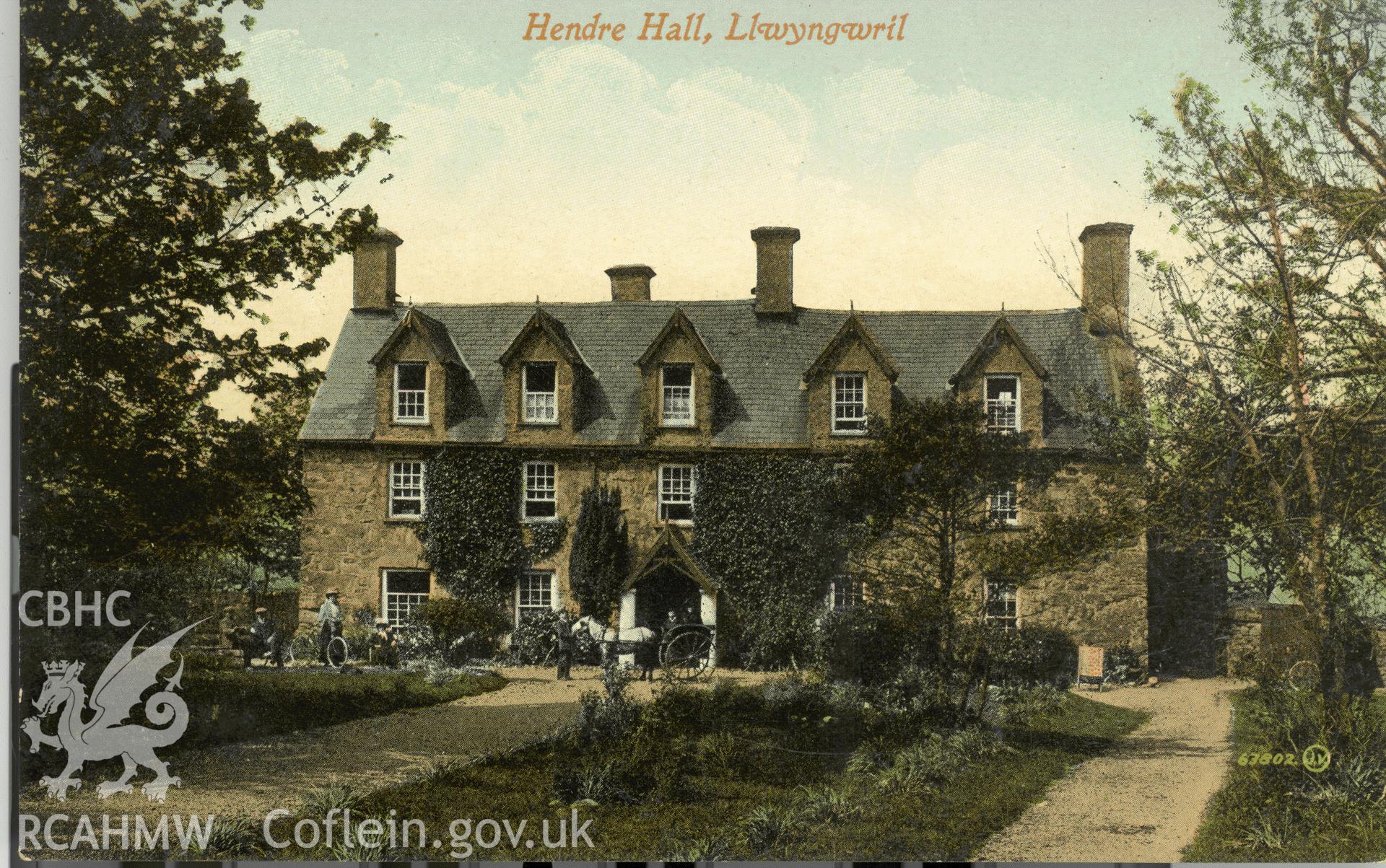 Digitised postcard image of Hendre hall, Llwyngwril, Valentine's Series. Produced by Parks and Gardens Data Services, from an original item in the Peter Davis Collection at Parks and Gardens UK. We hold only web-resolution images of this collection, suitable for viewing on screen and for research purposes only. We do not hold the original images, or publication quality scans.