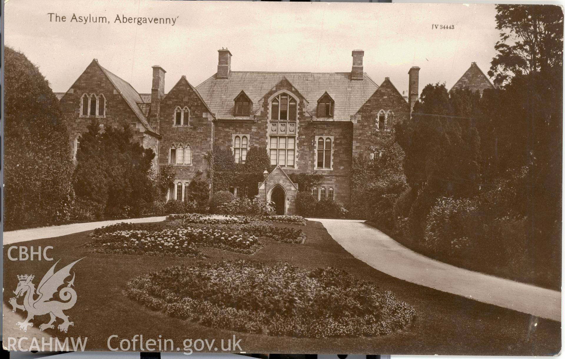 Digitised postcard image of Abergavenny Asylum. Produced by Parks and Gardens Data Services, from an original item in the Peter Davis Collection at Parks and Gardens UK. We hold only web-resolution images of this collection, suitable for viewing on screen and for research purposes only. We do not hold the original images, or publication quality scans.