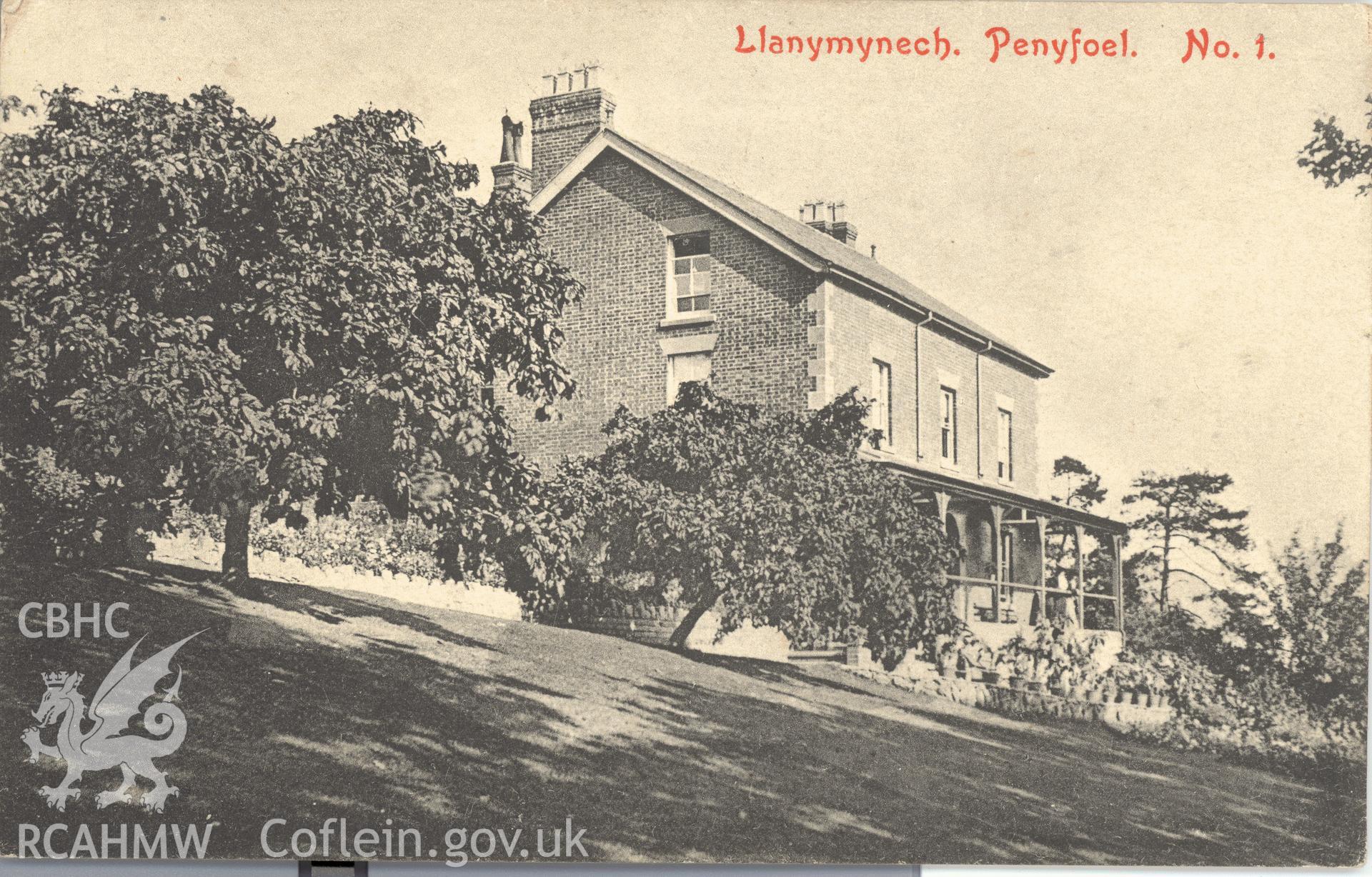 Digitised postcard image of Pen-y-foel, Llanerfyl, Park & Son, Newtown. Produced by Parks and Gardens Data Services, from an original item in the Peter Davis Collection at Parks and Gardens UK. We hold only web-resolution images of this collection, suitable for viewing on screen and for research purposes only. We do not hold the original images, or publication quality scans.