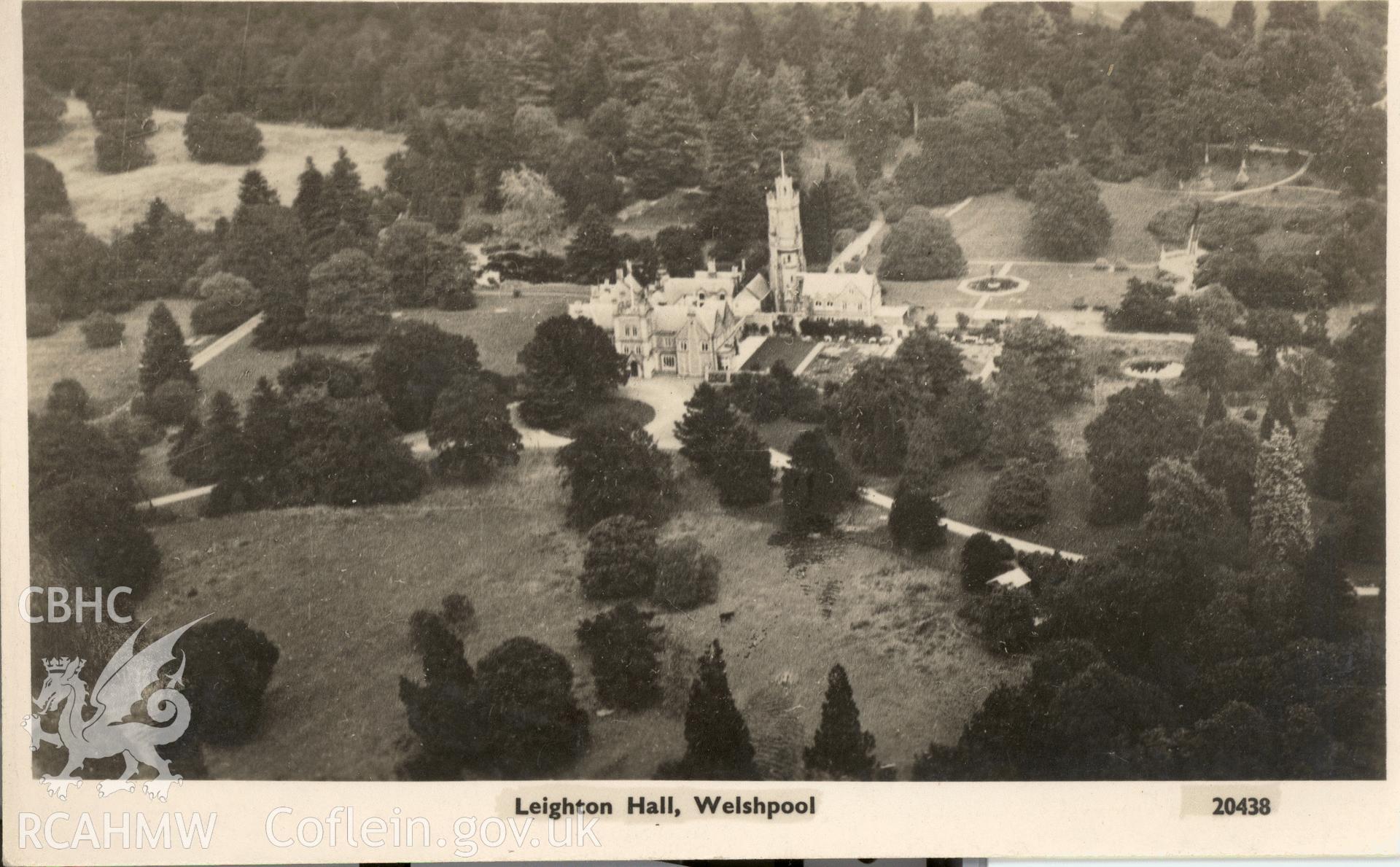 Digitised postcard image of Leighton Hall, Forden, Chapman and Son, Publishers, Dawlish. Produced by Parks and Gardens Data Services, from an original item in the Peter Davis Collection at Parks and Gardens UK. We hold only web-resolution images of this collection, suitable for viewing on screen and for research purposes only. We do not hold the original images, or publication quality scans.