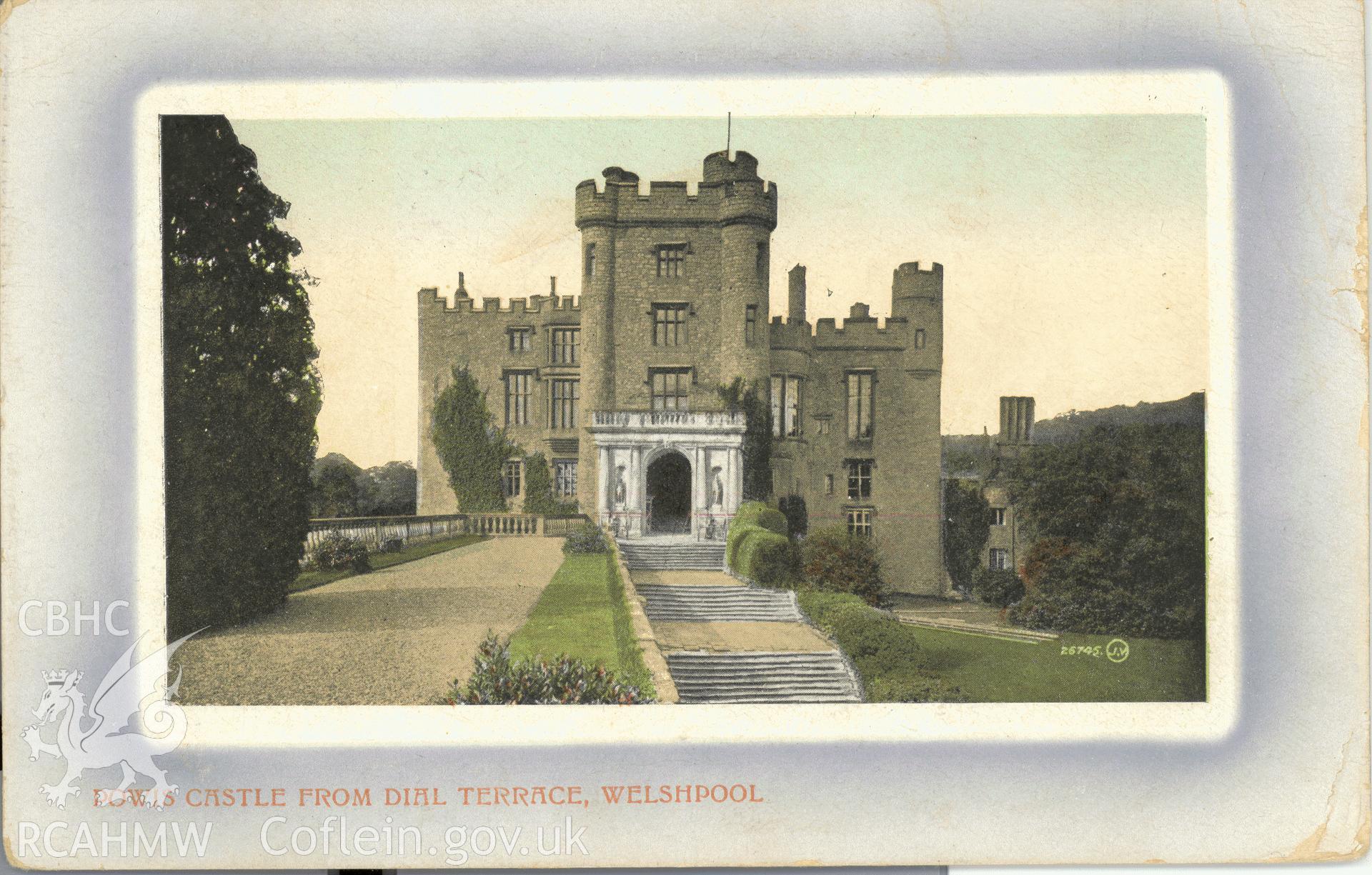 Digitised postcard image of Powis Castle showing Sundial Terrace, Valentines Series. Produced by Parks and Gardens Data Services, from an original item in the Peter Davis Collection at Parks and Gardens UK. We hold only web-resolution images of this collection, suitable for viewing on screen and for research purposes only. We do not hold the original images, or publication quality scans.