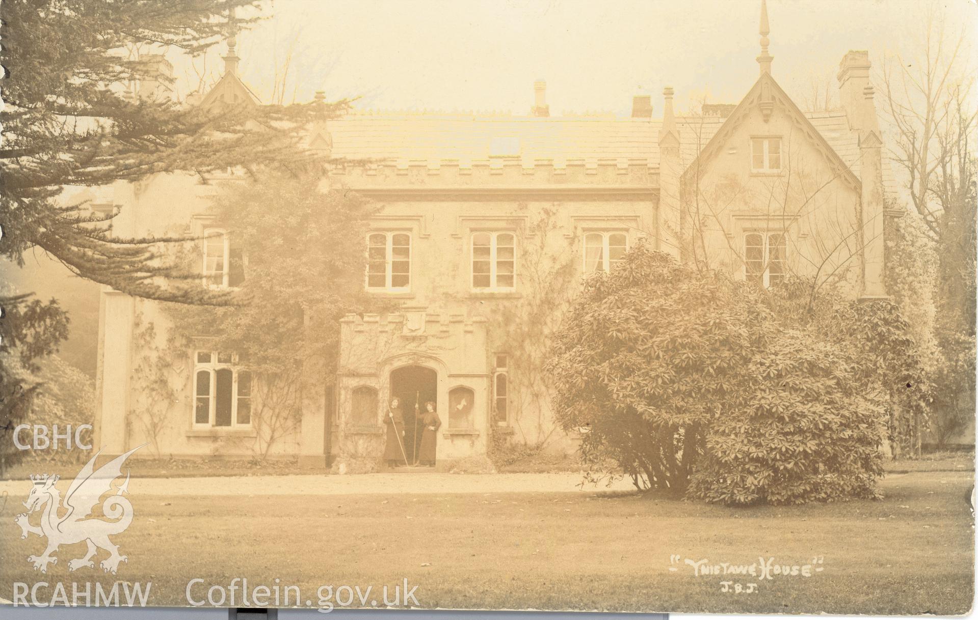 Digitised postcard image of Ynystawe House, Morriston. Produced by Parks and Gardens Data Services, from an original item in the Peter Davis Collection at Parks and Gardens UK. We hold only web-resolution images of this collection, suitable for viewing on screen and for research purposes only. We do not hold the original images, or publication quality scans.