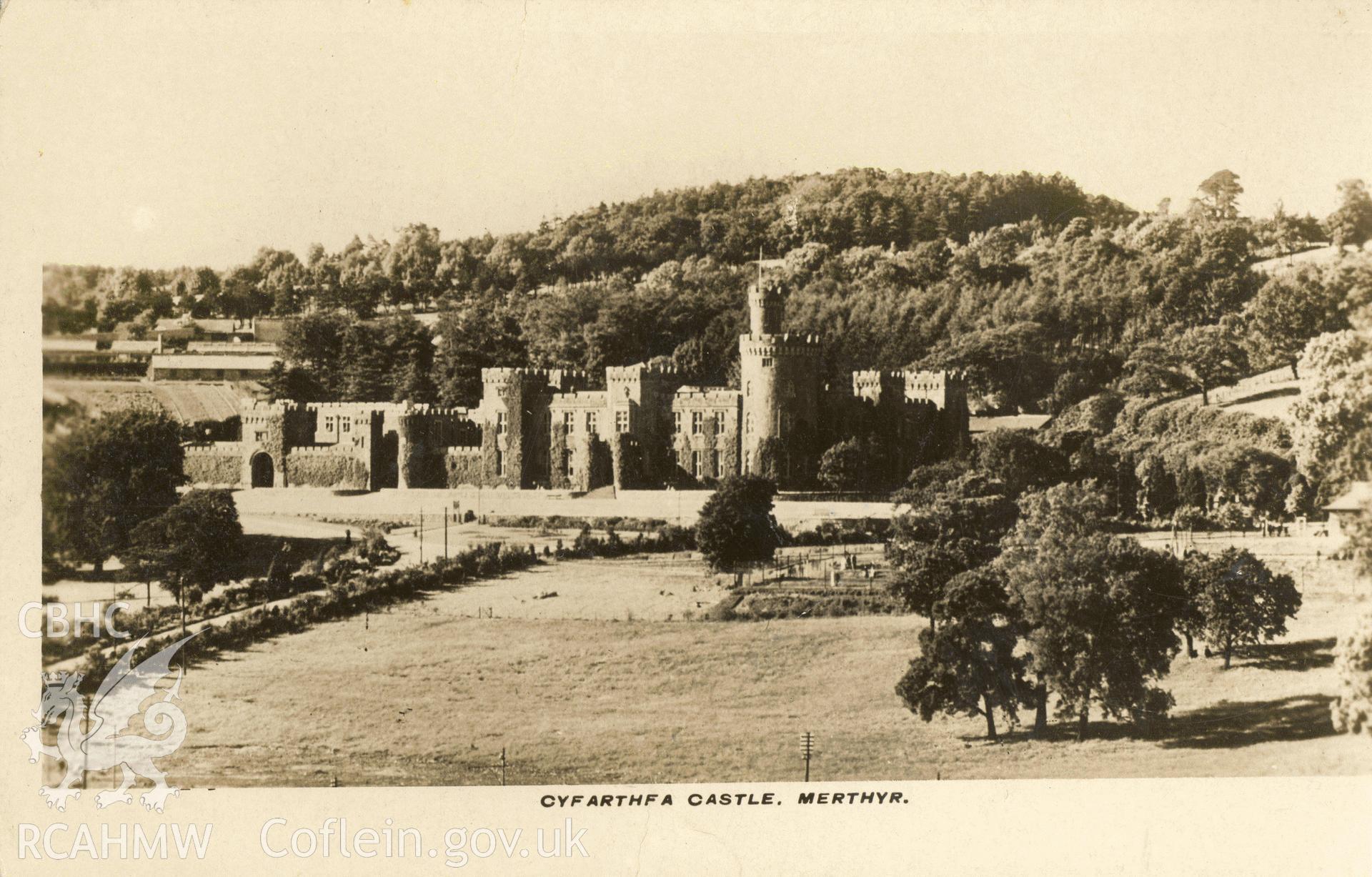 Digitised postcard image of Cyfarthfa Castle, Merthyr Tydfil. Produced by Parks and Gardens Data Services, from an original item in the Peter Davis Collection at Parks and Gardens UK. We hold only web-resolution images of this collection, suitable for viewing on screen and for research purposes only. We do not hold the original images, or publication quality scans.