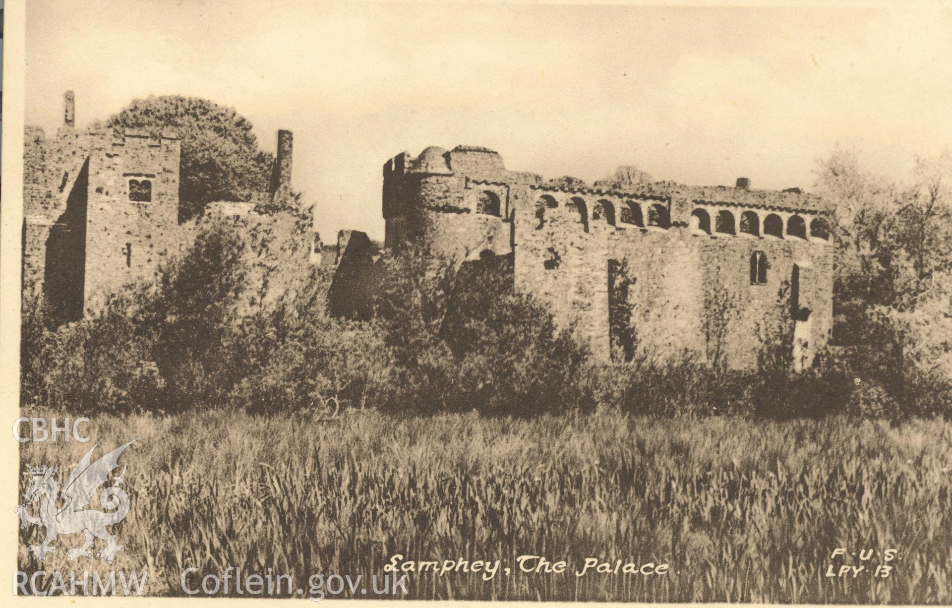 Digitised postcard image of Lamphey Bishop's Palace, S.J. Allen, Photographer, Pembroke Dock. Produced by Parks and Gardens Data Services, from an original item in the Peter Davis Collection at Parks and Gardens UK. We hold only web-resolution images of this collection, suitable for viewing on screen and for research purposes only. We do not hold the original images, or publication quality scans.