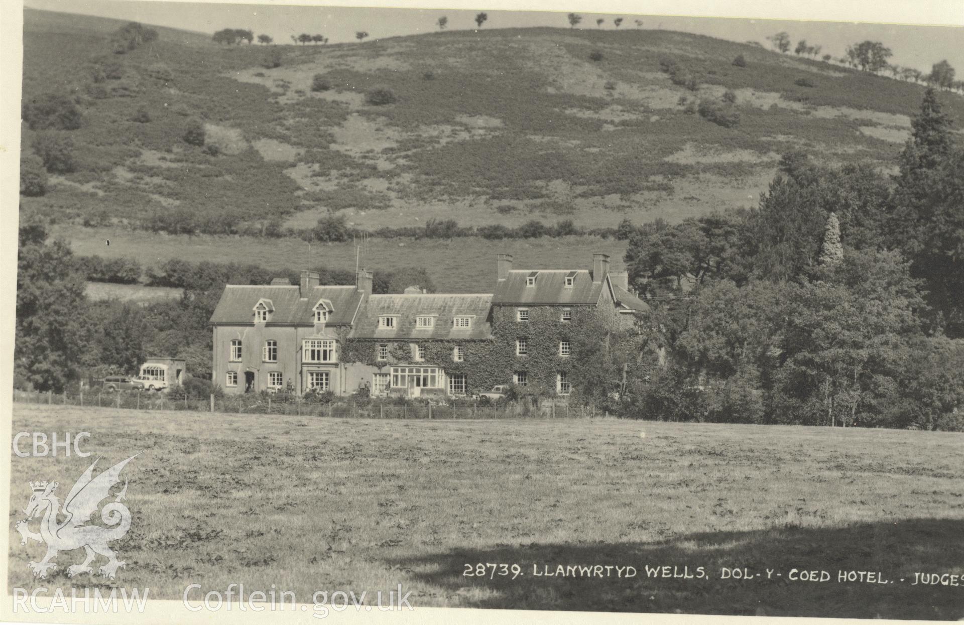 Digitised postcard image of Dol-y-coed Hotel, Llanwrtyd Wells, Judges Ltd, Hastings. Produced by Parks and Gardens Data Services, from an original item in the Peter Davis Collection at Parks and Gardens UK. We hold only web-resolution images of this collection, suitable for viewing on screen and for research purposes only. We do not hold the original images, or publication quality scans.