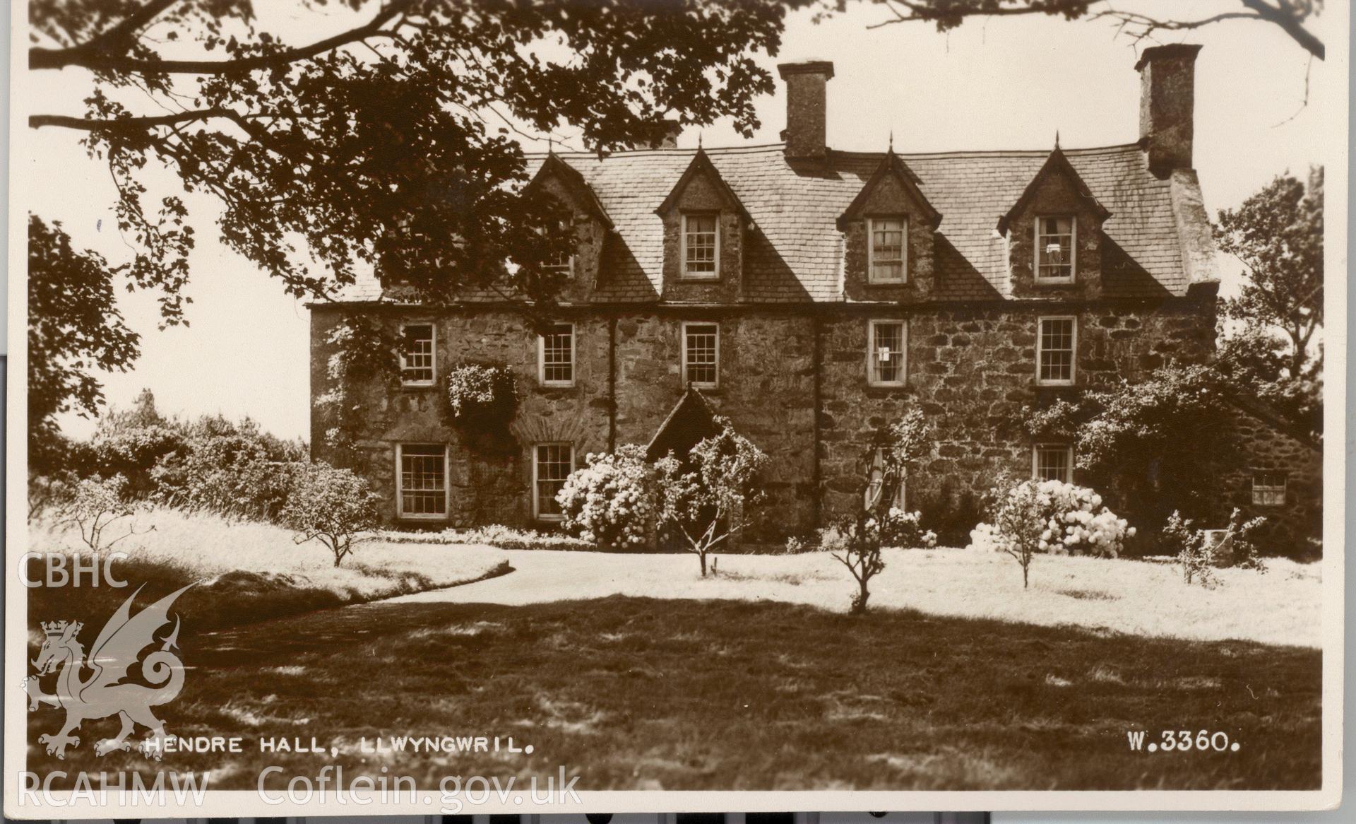 Digitised postcard image of Hendre hall, Llwyngwril, Valentine's Series. Produced by Parks and Gardens Data Services, from an original item in the Peter Davis Collection at Parks and Gardens UK. We hold only web-resolution images of this collection, suitable for viewing on screen and for research purposes only. We do not hold the original images, or publication quality scans.