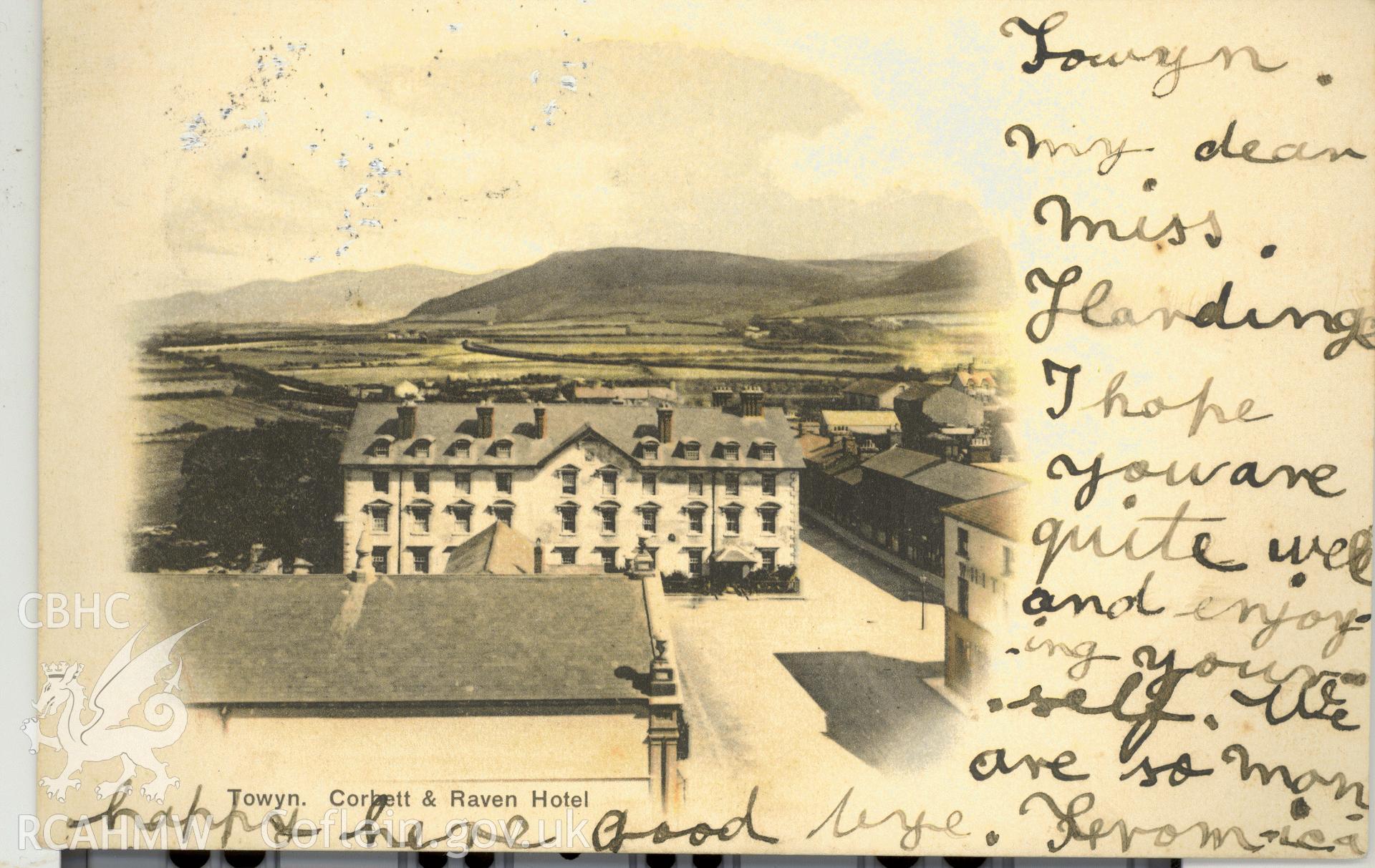 Digitised postcard image of Corbett Hotel, Tywyn. Produced by Parks and Gardens Data Services, from an original item in the Peter Davis Collection at Parks and Gardens UK. We hold only web-resolution images of this collection, suitable for viewing on screen and for research purposes only. We do not hold the original images, or publication quality scans.