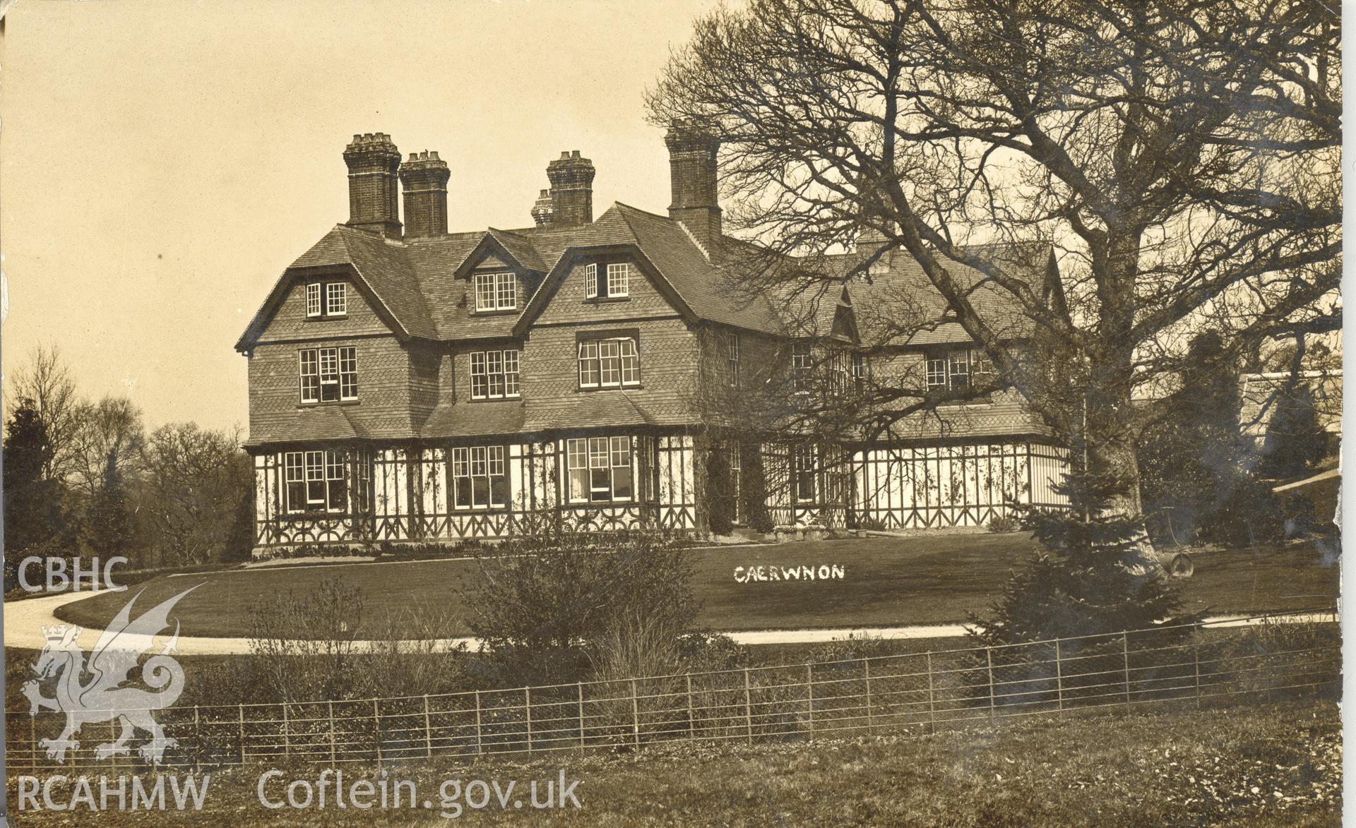 Digitised postcard image of Caerwnon. Produced by Parks and Gardens Data Services, from an original item in the Peter Davis Collection at Parks and Gardens UK. We hold only web-resolution images of this collection, suitable for viewing on screen and for research purposes only. We do not hold the original images, or publication quality scans.