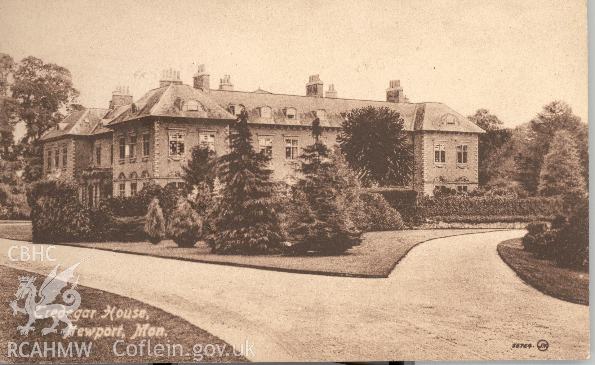 Digitised postcard image of Tredegar House, Newport, S. Taylor market Arcade, Newport. Produced by Parks and Gardens Data Services, from an original item in the Peter Davis Collection at Parks and Gardens UK. We hold only web-resolution images of this collection, suitable for viewing on screen and for research purposes only. We do not hold the original images, or publication quality scans.