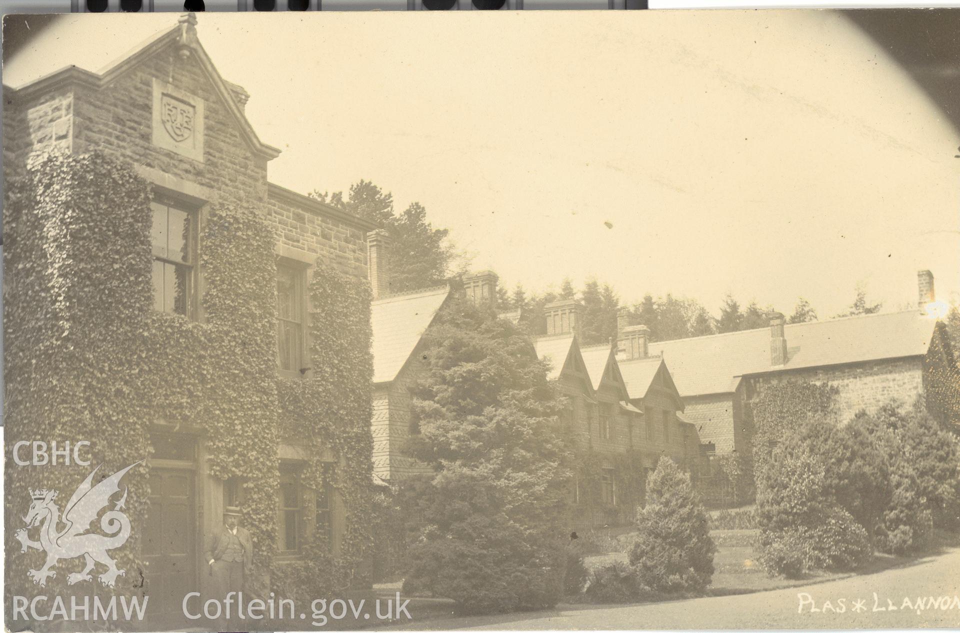 Digitised postcard image of Plas, Llannon. Produced by Parks and Gardens Data Services, from an original item in the Peter Davis Collection at Parks and Gardens UK. We hold only web-resolution images of this collection, suitable for viewing on screen and for research purposes only. We do not hold the original images, or publication quality scans.