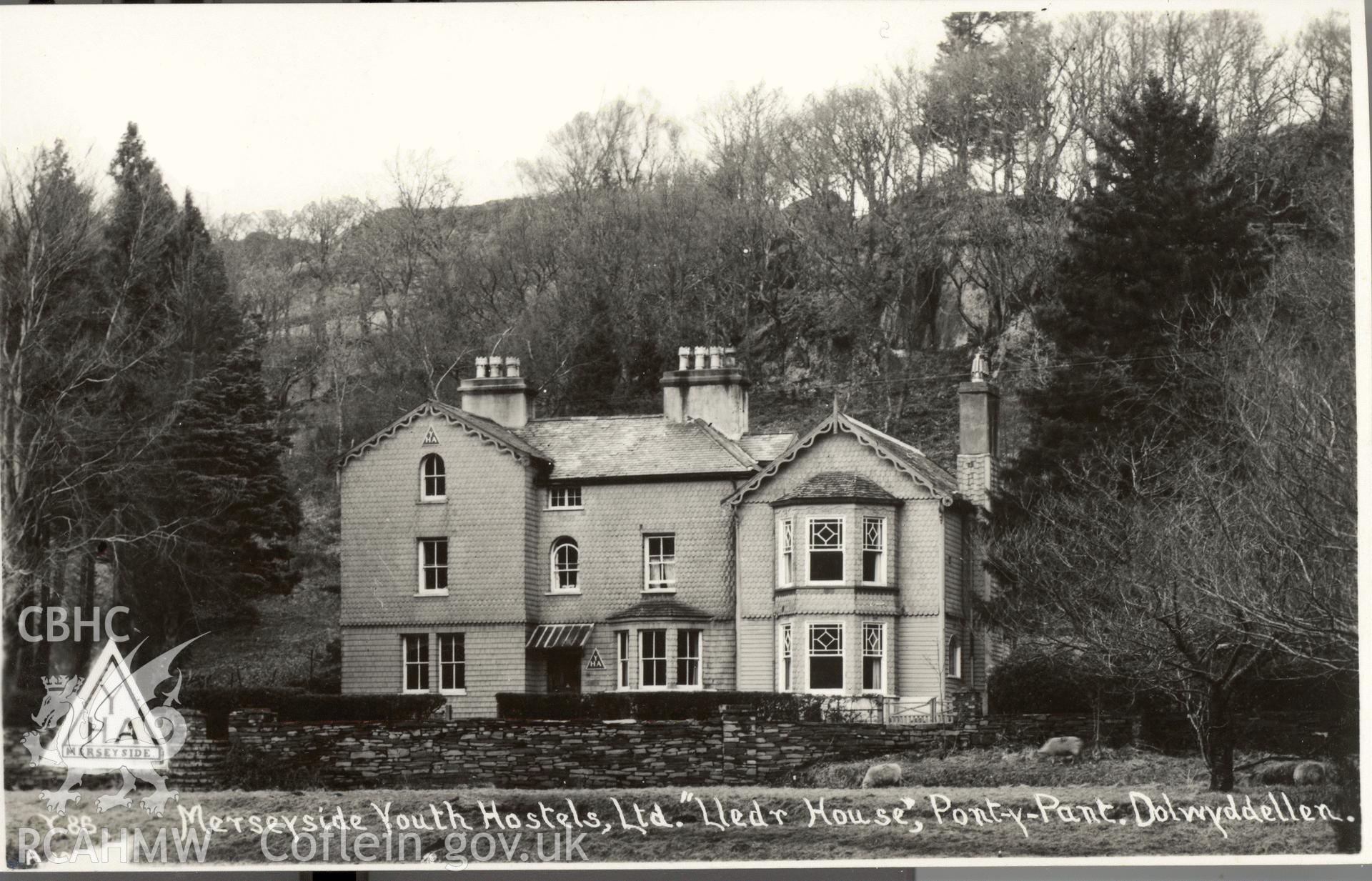 Digitised postcard image of  Lledr House, Dolwyddelan, A.W. Hutton. Produced by Parks and Gardens Data Services, from an original item in the Peter Davis Collection at Parks and Gardens UK. We hold only web-resolution images of this collection, suitable for viewing on screen and for research purposes only. We do not hold the original images, or publication quality scans.