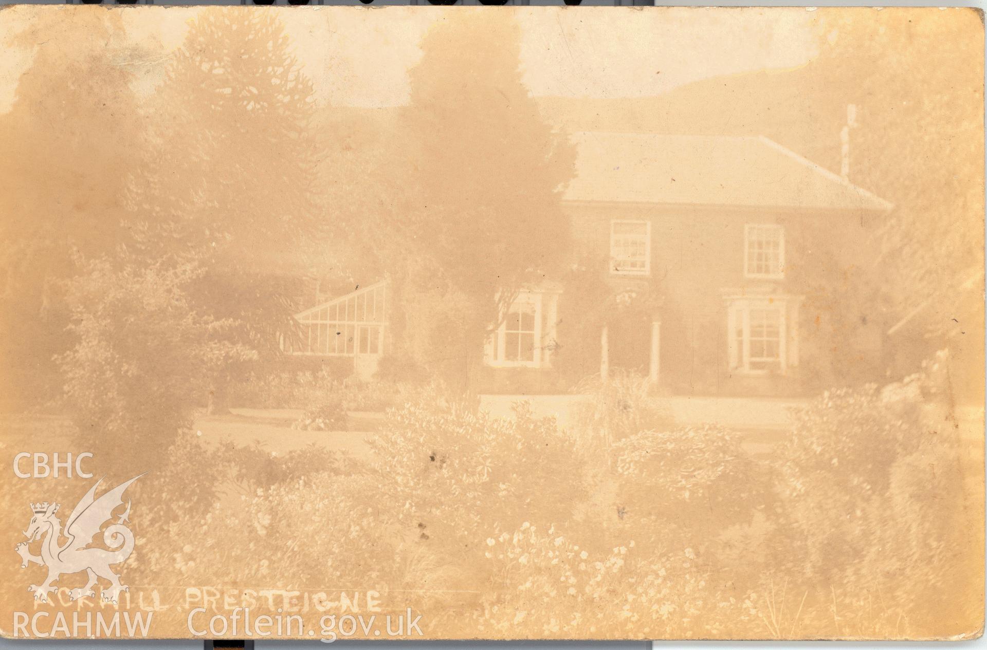 Digitised postcard image of Ackhill, Presteign. Produced by Parks and Gardens Data Services, from an original item in the Peter Davis Collection at Parks and Gardens UK. We hold only web-resolution images of this collection, suitable for viewing on screen and for research purposes only. We do not hold the original images, or publication quality scans.