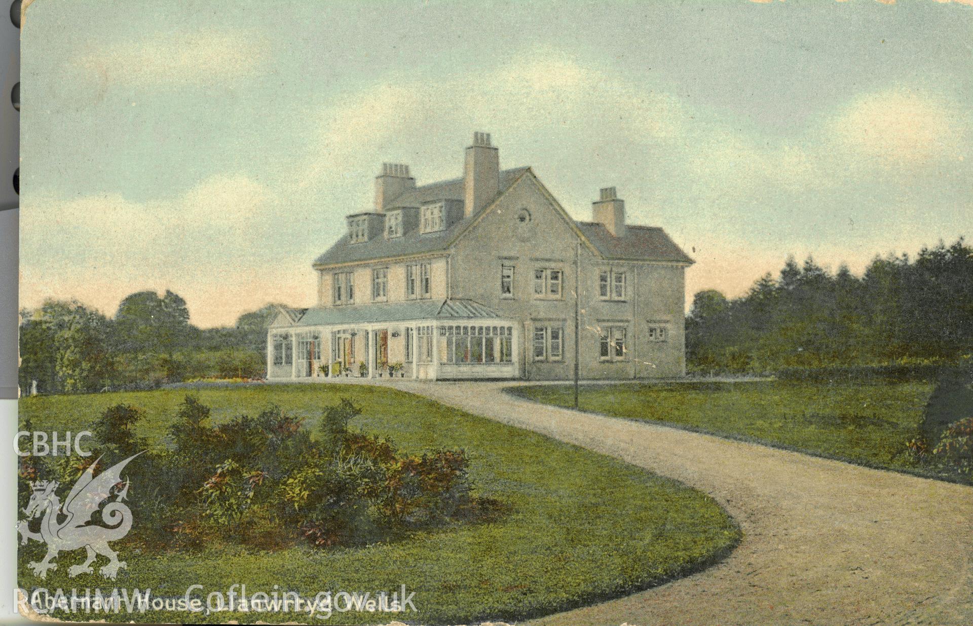 Digitised postcard image of Abernant House, Llanwrtyd Wells, Williams Llandeilo. Produced by Parks and Gardens Data Services, from an original item in the Peter Davis Collection at Parks and Gardens UK. We hold only web-resolution images of this collection, suitable for viewing on screen and for research purposes only. We do not hold the original images, or publication quality scans.