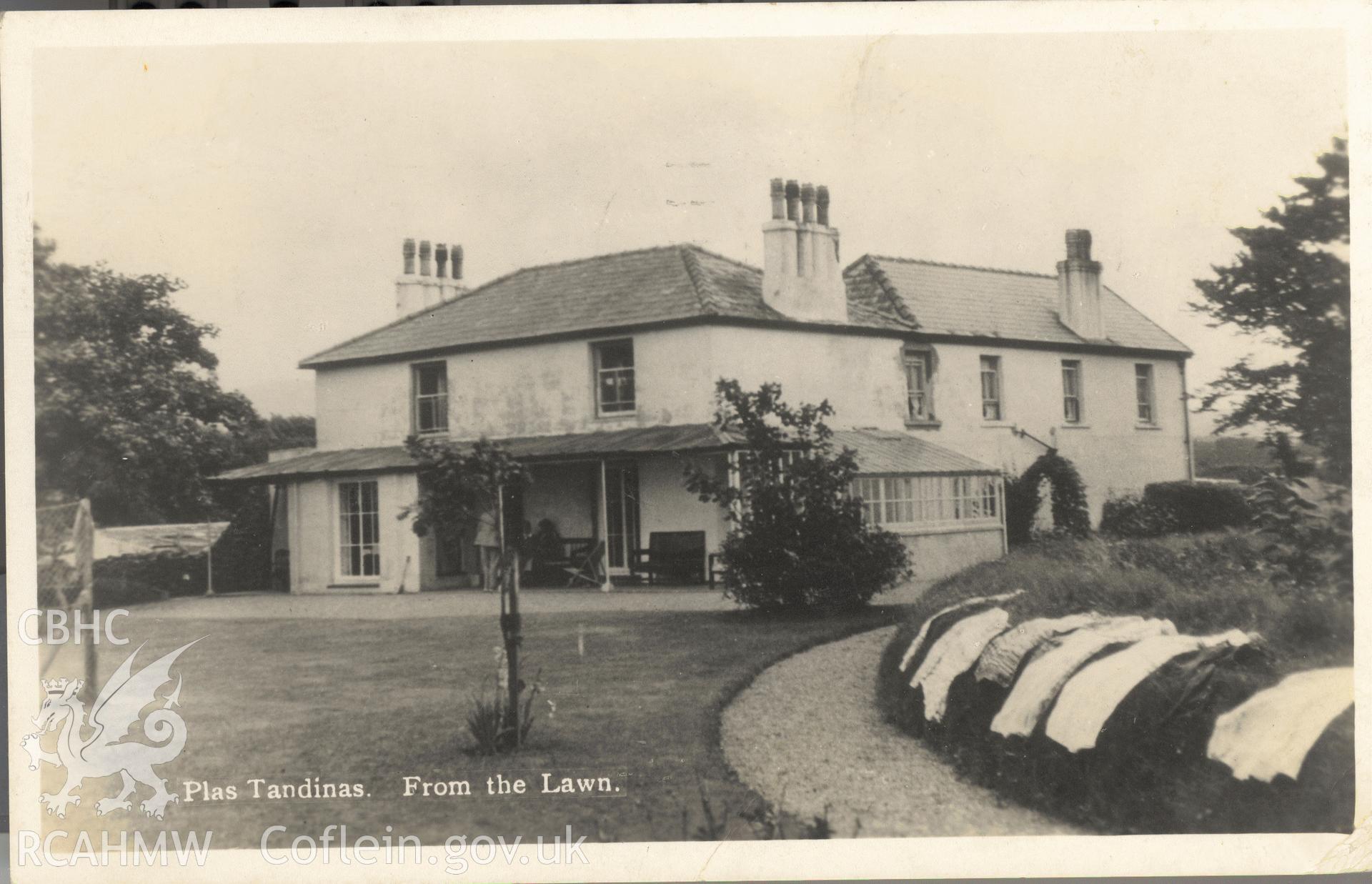 Digitised postcard image of Plas Tandinas, Dinas Dinlle. Produced by Parks and Gardens Data Services, from an original item in the Peter Davis Collection at Parks and Gardens UK. We hold only web-resolution images of this collection, suitable for viewing on screen and for research purposes only. We do not hold the original images, or publication quality scans.