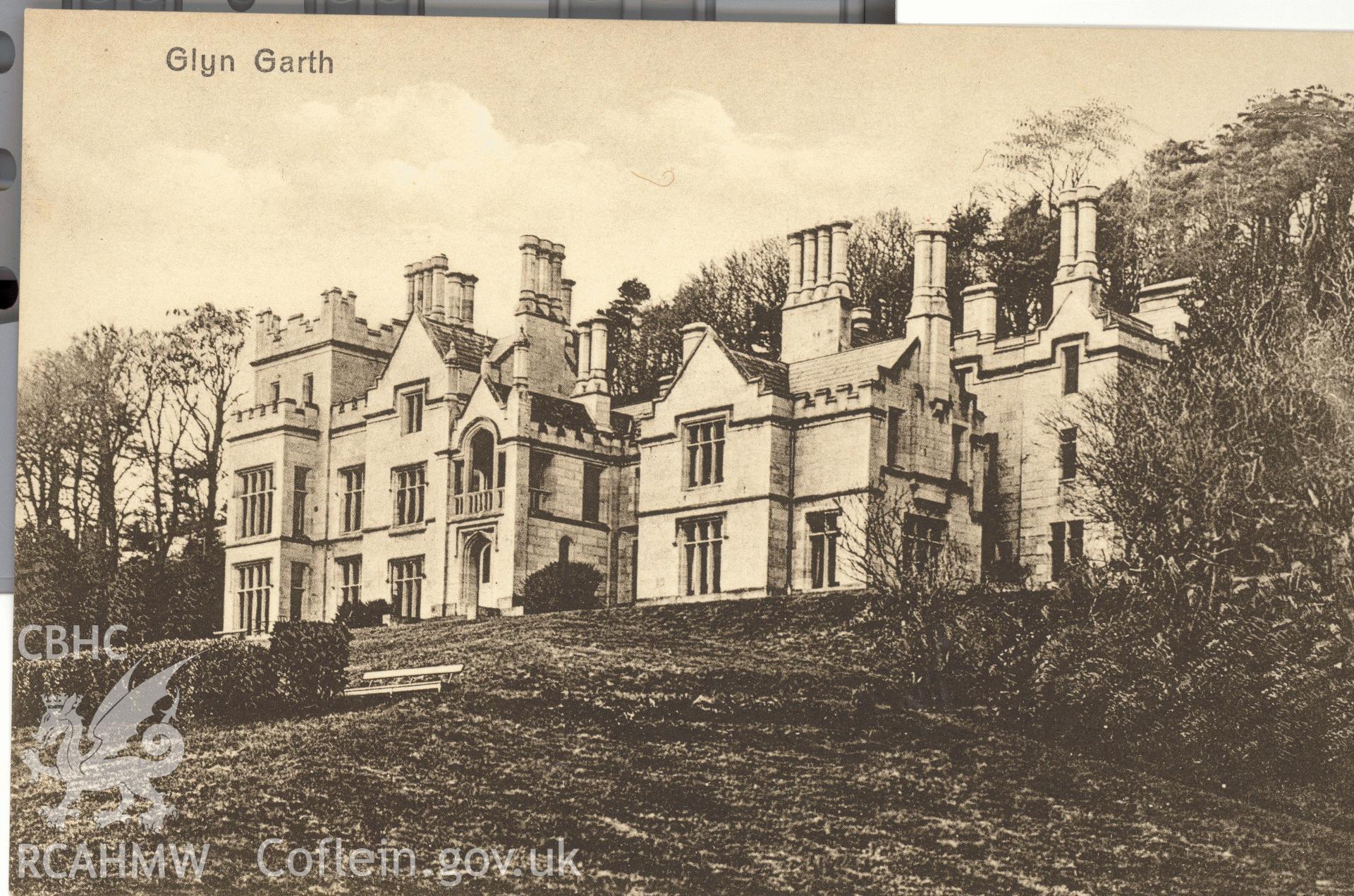Digitised postcard image of Glyn Garth, Cwm Cadnant. Produced by Parks and Gardens Data Services, from an original item in the Peter Davis Collection at Parks and Gardens UK. We hold only web-resolution images of this collection, suitable for viewing on screen and for research purposes only. We do not hold the original images, or publication quality scans.
