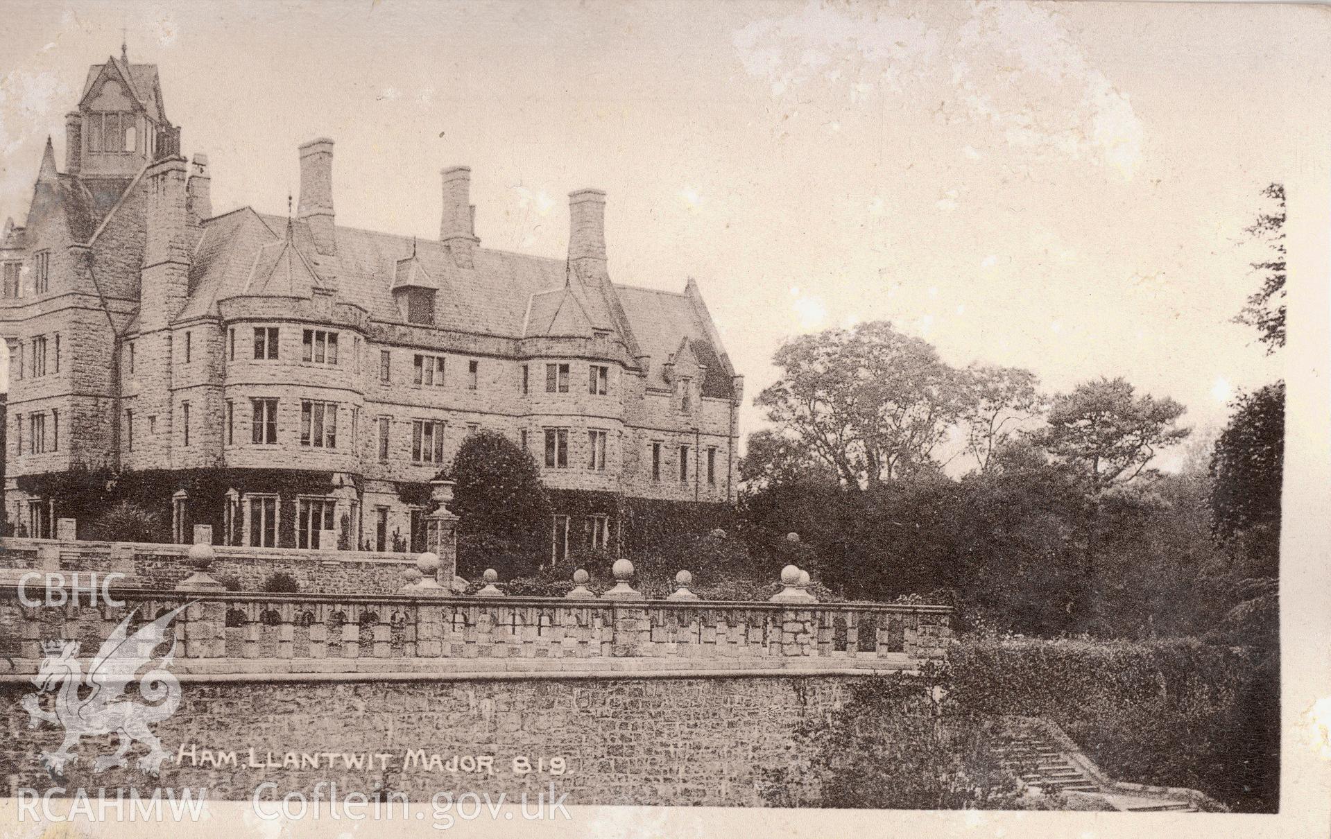 Digitised postcard image of Ham House, Llantwit Major,  Fisher, Publisher, Llantwit Major. Produced by Parks and Gardens Data Services, from an original item in the Peter Davis Collection at Parks and Gardens UK. We hold only web-resolution images of this collection, suitable for viewing on screen and for research purposes only. We do not hold the original images, or publication quality scans.