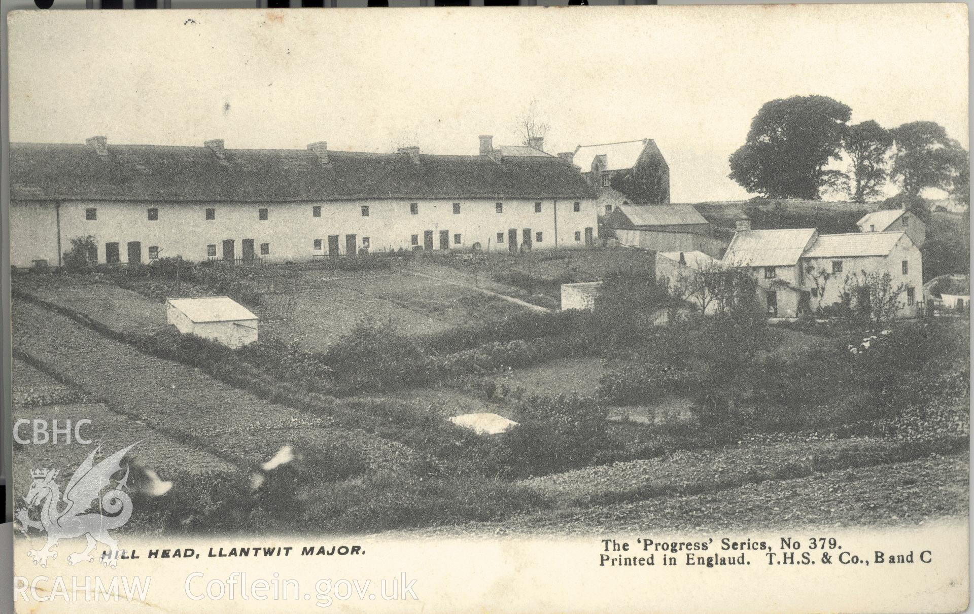 Digitised postcard image of Hill Head, Llantwit Major, T.H.S. & Co. B. & C. the "progress series". Produced by Parks and Gardens Data Services, from an original item in the Peter Davis Collection at Parks and Gardens UK. We hold only web-resolution images of this collection, suitable for viewing on screen and for research purposes only. We do not hold the original images, or publication quality scans.