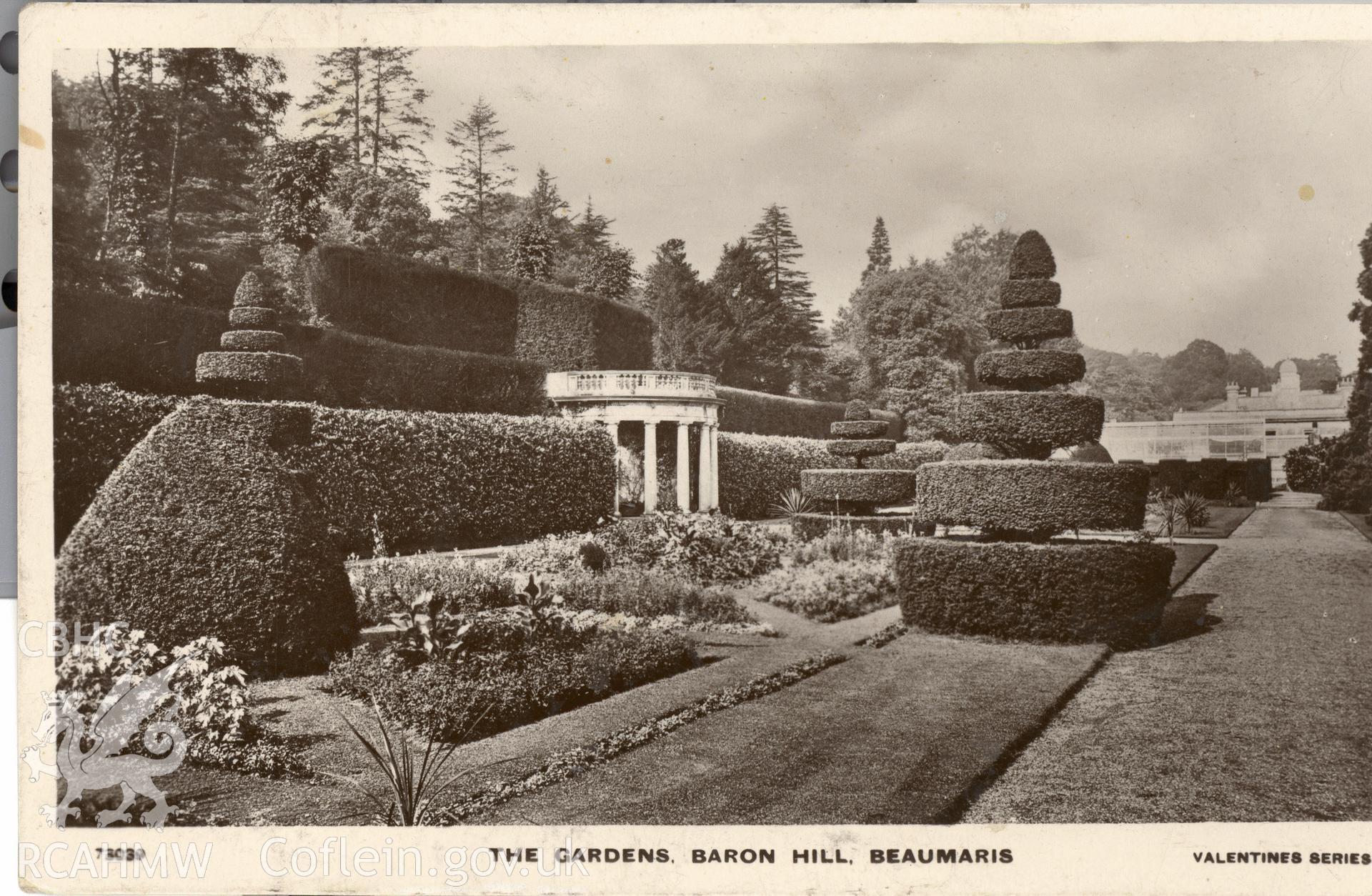 Digitised postcard image of Baron Hill Gardens, Beaumaris, Valentine's Series. Produced by Parks and Gardens Data Services, from an original item in the Peter Davis Collection at Parks and Gardens UK. We hold only web-resolution images of this collection, suitable for viewing on screen and for research purposes only. We do not hold the original images, or publication quality scans.