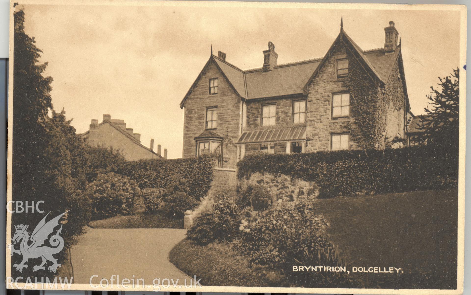 Digitised postcard image of Bryntirion, Dolgellau. Produced by Parks and Gardens Data Services, from an original item in the Peter Davis Collection at Parks and Gardens UK. We hold only web-resolution images of this collection, suitable for viewing on screen and for research purposes only. We do not hold the original images, or publication quality scans.